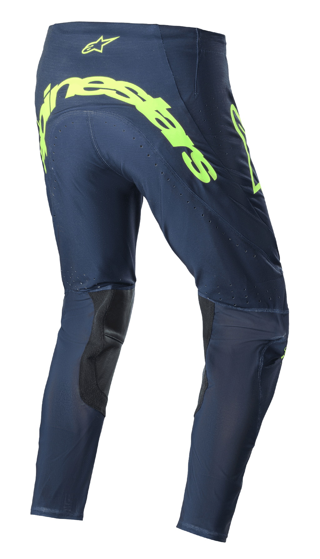 Alpinestars 2023 Supertech Bruin Pants, calças de motocross, azul-escuro e amarelo fluorescente, vista traseira apresentando a marca Alpinestars em amarelo fluorescente de grandes dimensões no assento, zonas de ventilação perfuradas e reforços pretos na parte interna das pernas
