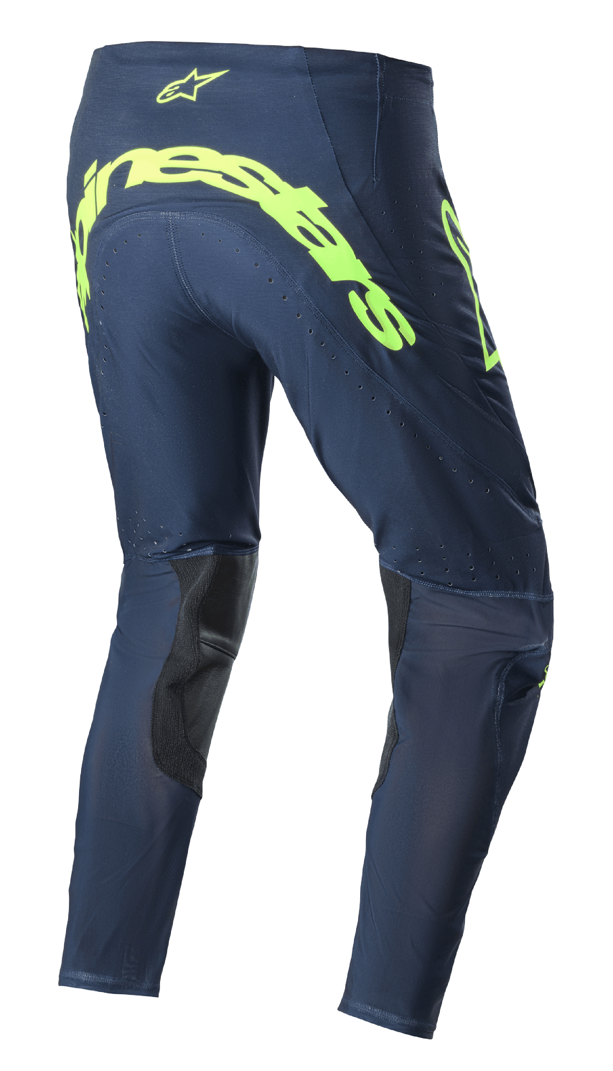 Alpinestars 2023 Supertech Bruin Pants, calças de motocross, azul-escuro e amarelo fluorescente, vista traseira apresentando a marca Alpinestars em amarelo fluorescente de grandes dimensões no assento, zonas de ventilação perfuradas e reforços pretos na parte interna das pernas