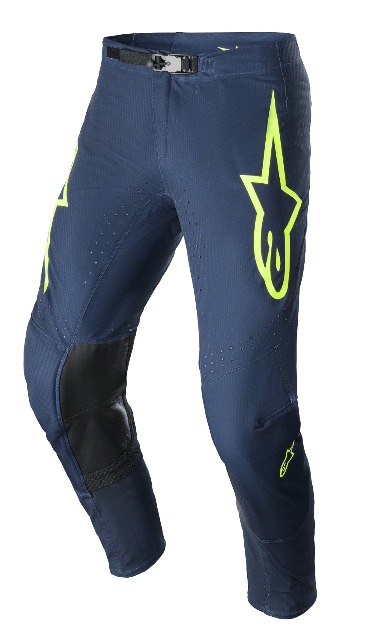 Alpinestars 2023 Supertech Bruin Pants, Motocross Pants, Night Navy and Yellow Fluo, featuring black reinforced knee panels, perforated ventilation, and adjustable magnetic waist buckle, durable racing design