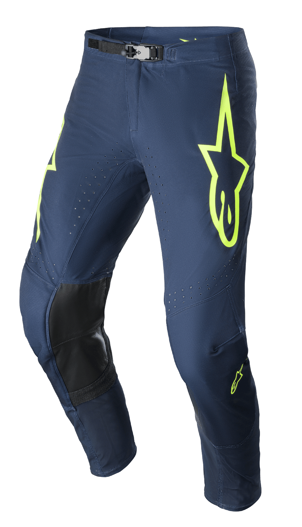 Alpinestars 2023 Supertech Bruin Pants, calças de motocross, azul-escuro e amarelo néon, com painéis de joelho reforçados pretos, ventilação perfurada e fivela magnética ajustável na cintura, design de corrida durável