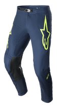 Alpinestars 2023 Supertech Bruin Pants, calças de motocross, azul-escuro e amarelo néon, com painéis de joelho reforçados pretos, ventilação perfurada e fivela magnética ajustável na cintura, design de corrida durável