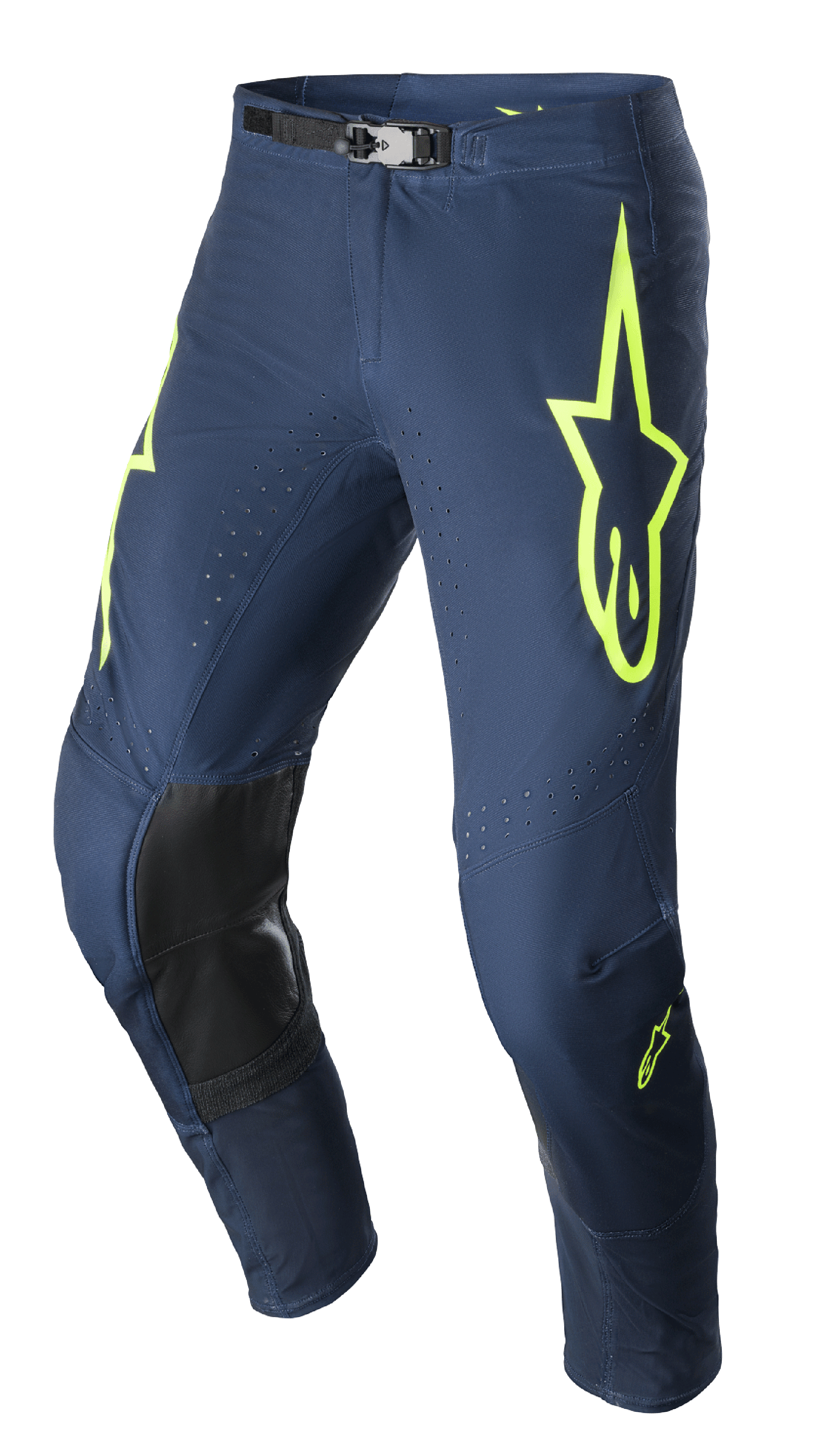 Alpinestars 2023 Supertech Bruin Pants, calças de motocross, azul-escuro e amarelo néon, com painéis de joelho reforçados pretos, ventilação perfurada e fivela magnética ajustável na cintura, design de corrida durável