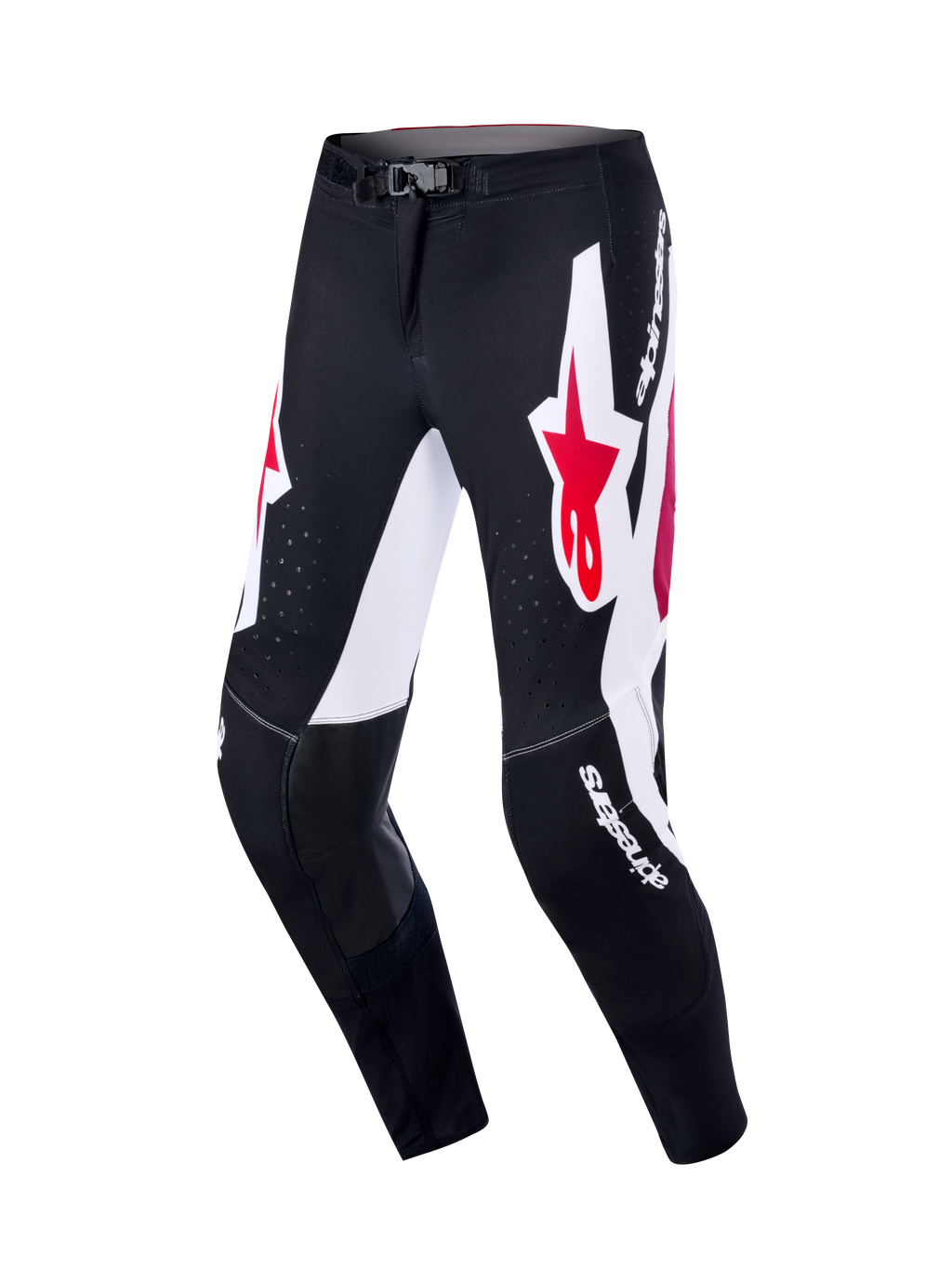 Alpinestars 2026 Supertech AFD Vista Pants, calças de motocross, pretas, vermelhas e brancas, com painéis gráficos brancos e logótipos de estrela vermelhos, painéis internos do joelho em couro preto, perfurações a laser para fluxo de ar e logótipo branco, equipamento de nível profissional para corridas todo-o-terreno