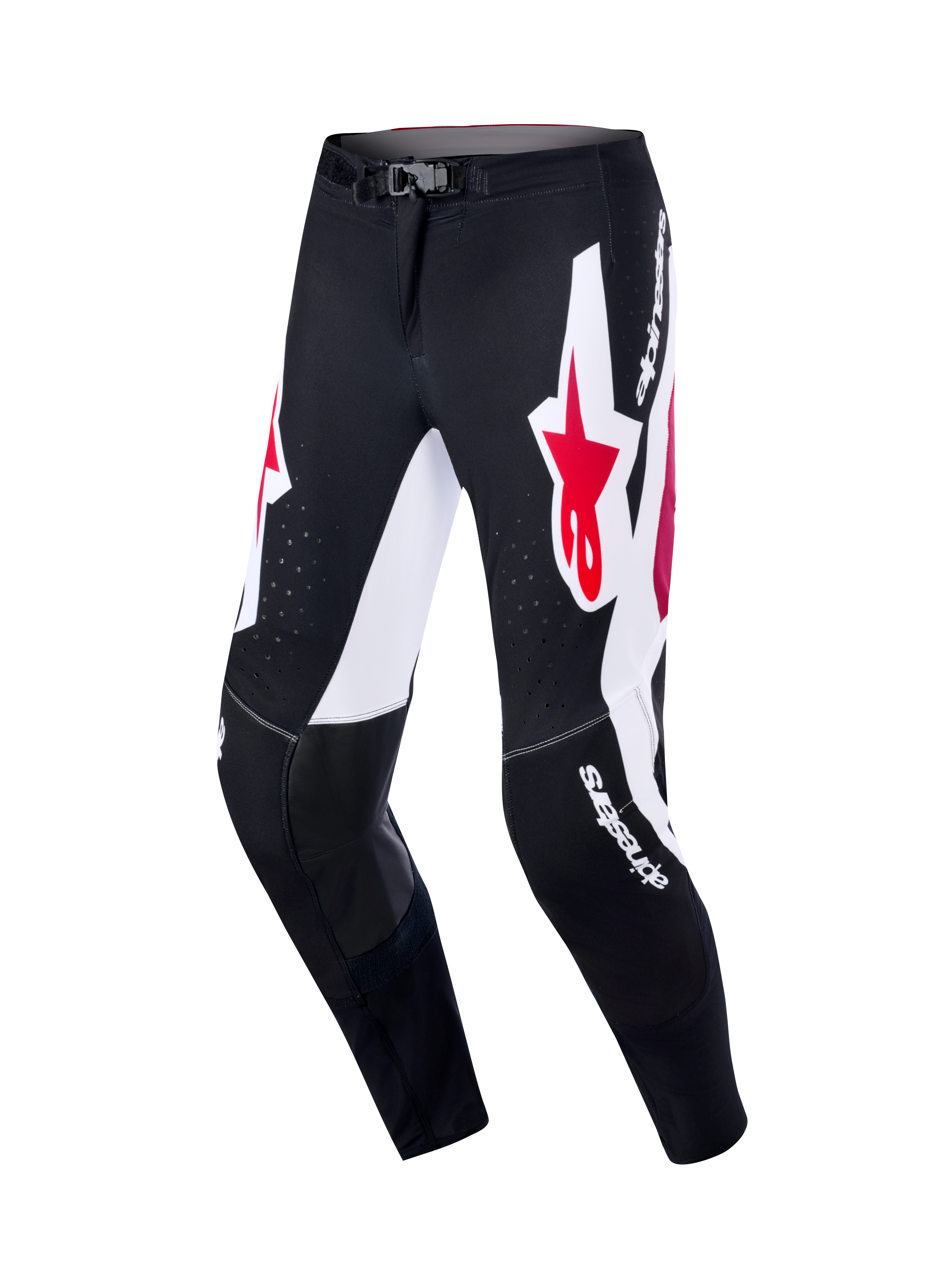 Alpinestars 2026 Supertech AFD Vista Pants, calças de motocross, pretas, vermelhas e brancas, com painéis gráficos brancos e logótipos de estrela vermelhos, painéis internos do joelho em couro preto, perfurações a laser para fluxo de ar e logótipo branco, equipamento de nível profissional para corridas todo-o-terreno