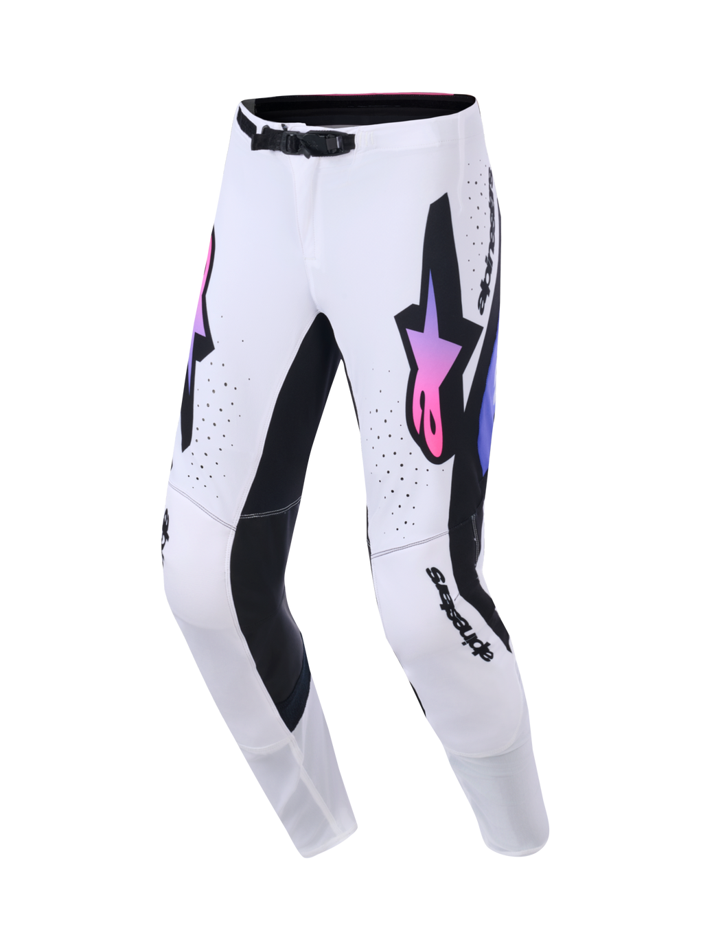 Alpinestars 2026 Supertech AFD Vista Pants, calças de motocross, brancas, roxas e pretas, com um grande logótipo Astars preto com gradiente rosa e roxo, painéis pretos no interior das pernas e fivela magnética SX1 na cintura, concebidas para performance em corridas off-road
