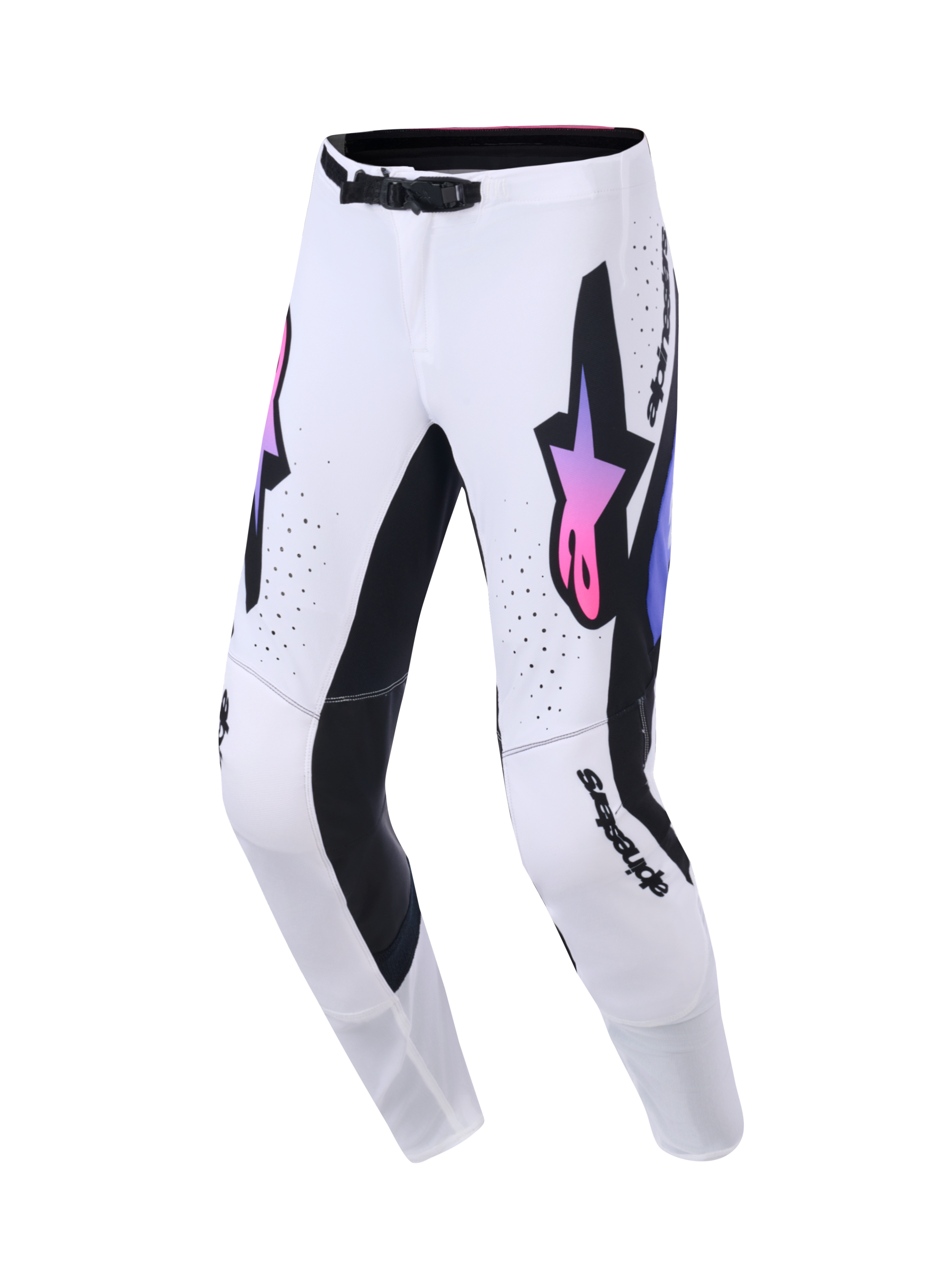 Alpinestars 2026 Supertech AFD Vista Pants, calças de motocross, brancas, roxas e pretas, com um grande logótipo Astars preto com gradiente rosa e roxo, painéis pretos no interior das pernas e fivela magnética SX1 na cintura, concebidas para performance em corridas off-road