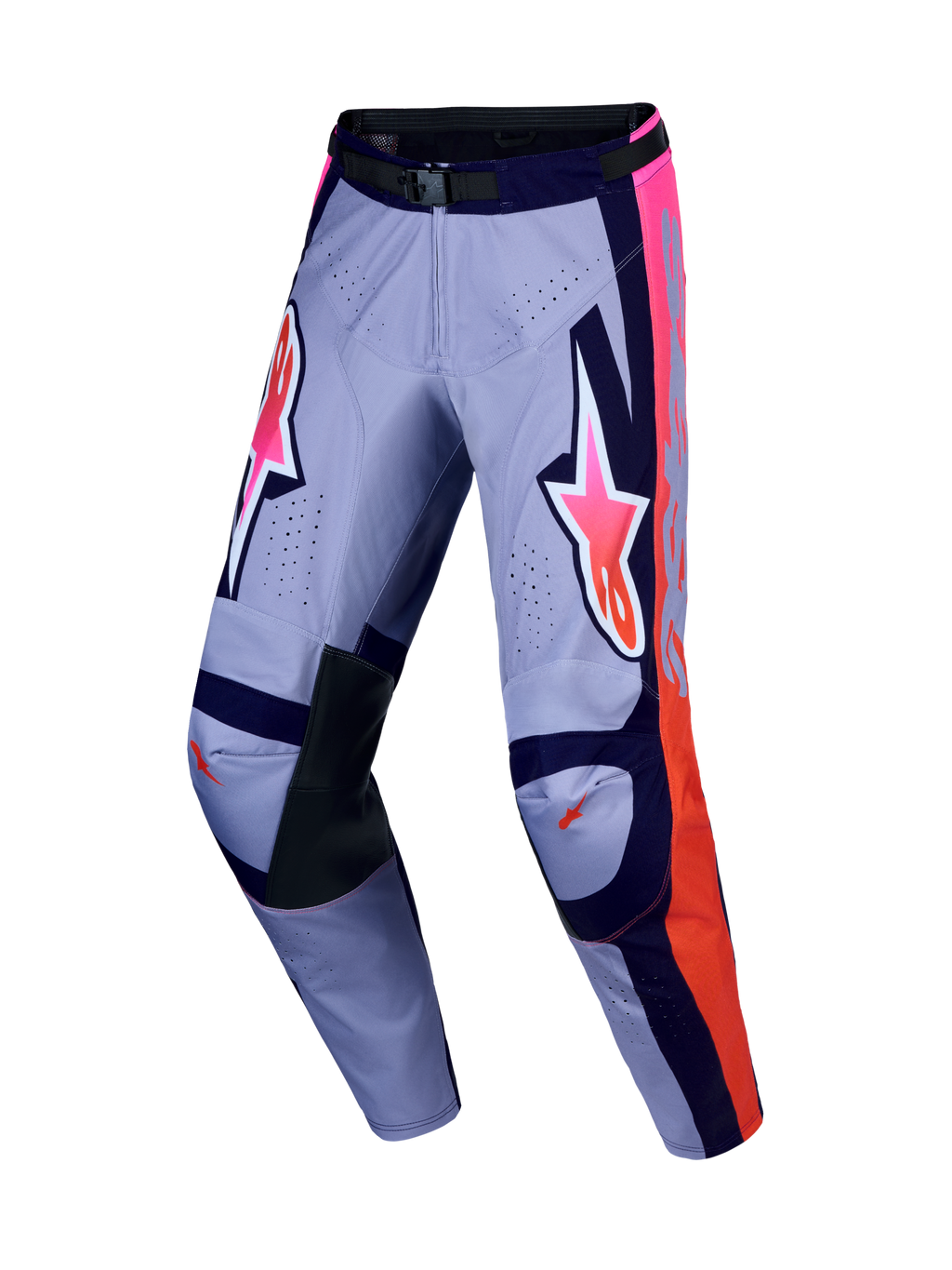 Alpinestars Racer Air Hunt, calças de motocross roxas e rosa fluo, com tecido ventilado e reforços em couro nos joelhos.