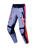 Alpinestars Racer Air Hunt, calças de motocross roxas e rosa fluo, com tecido ventilado e reforços em couro nos joelhos.