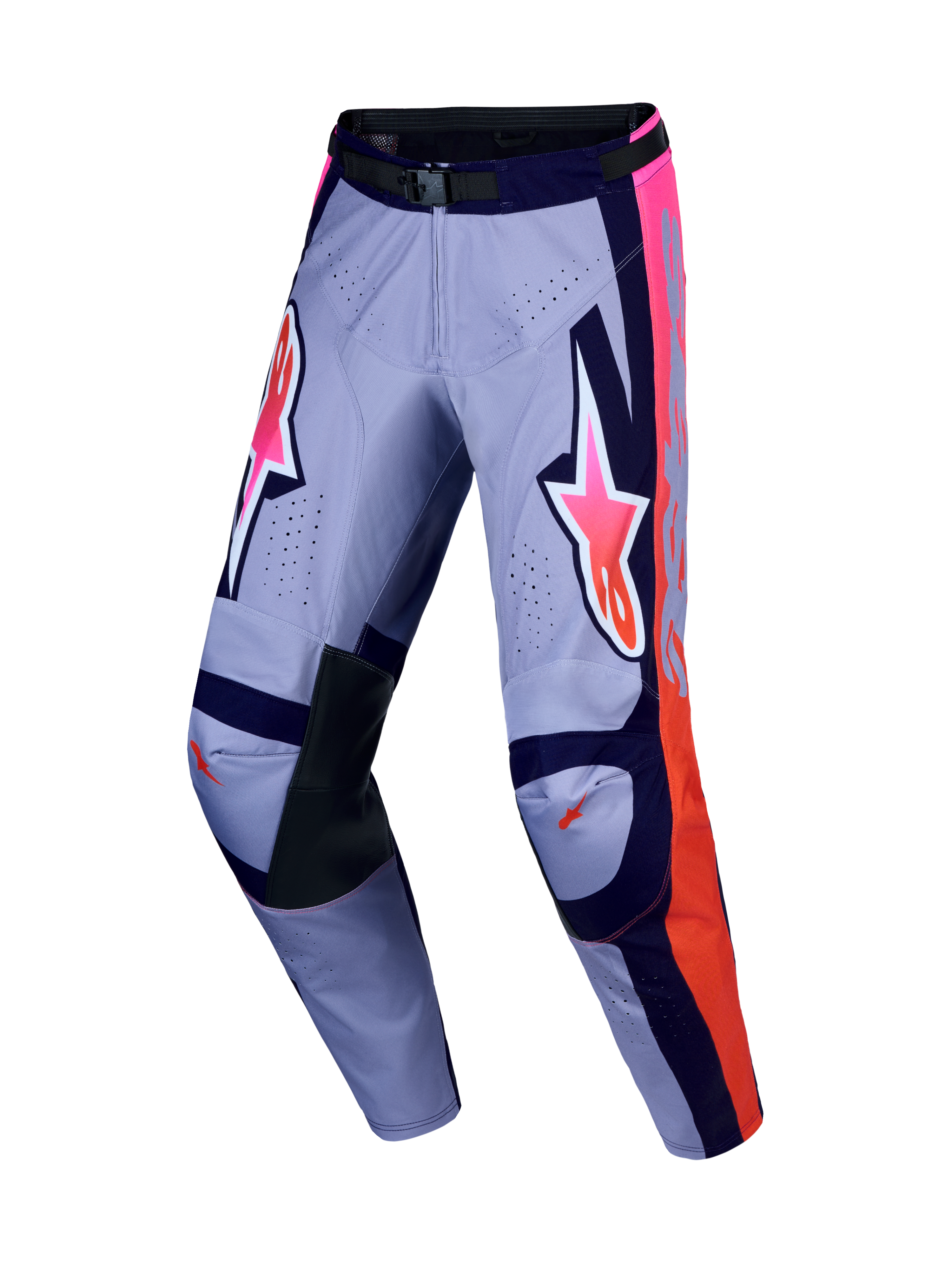 Alpinestars Racer Air Hunt, calças de motocross roxas e rosa fluo, com tecido ventilado e reforços em couro nos joelhos.