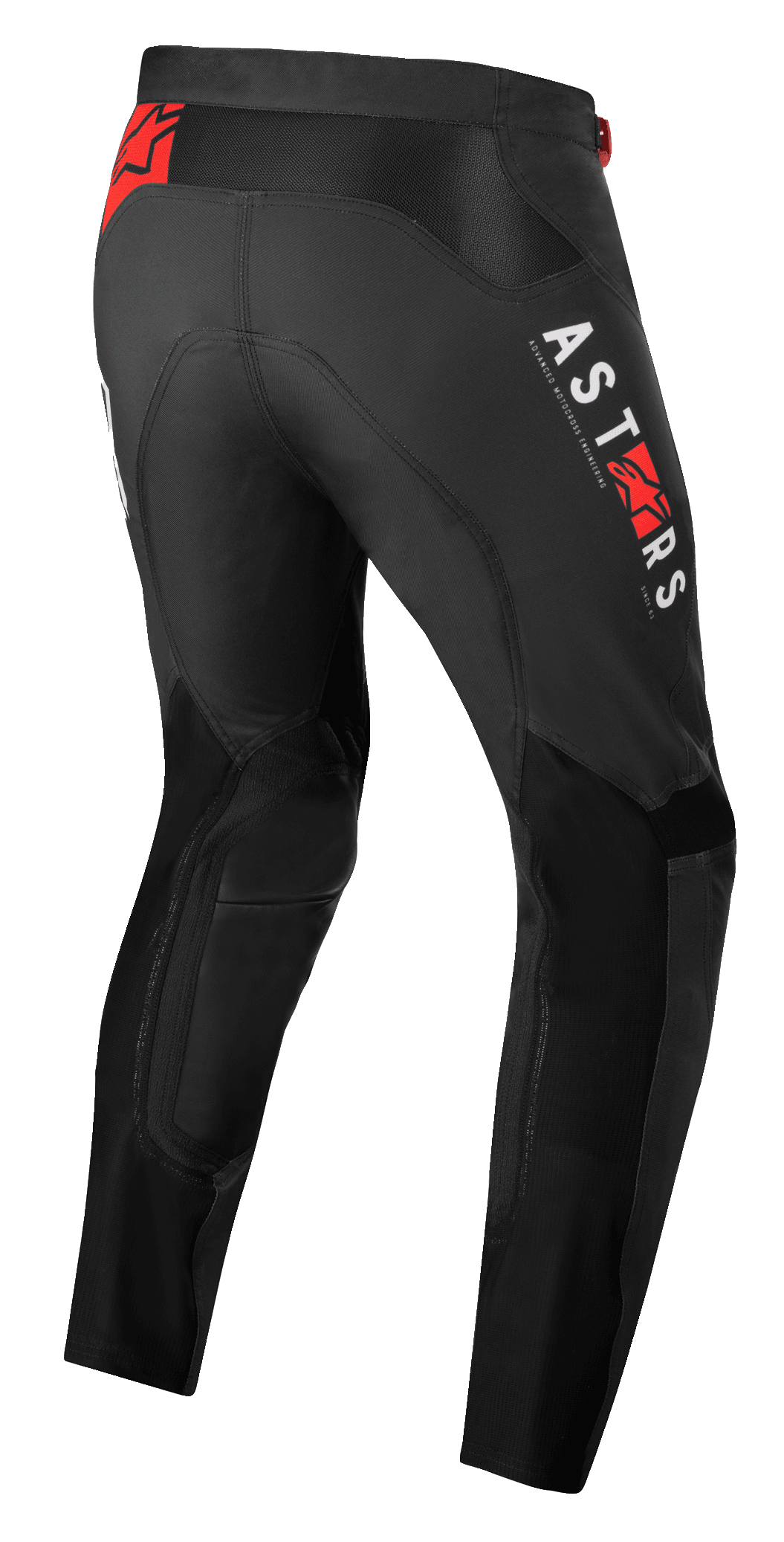 Alpinestars Supertech Foster Pants, calças de motocross, pretas, com marca vertical ASTARS branca e logótipos de estrela vermelha, construção têxtil de alta performance com painéis de malha para ventilação e liberdade de movimento.