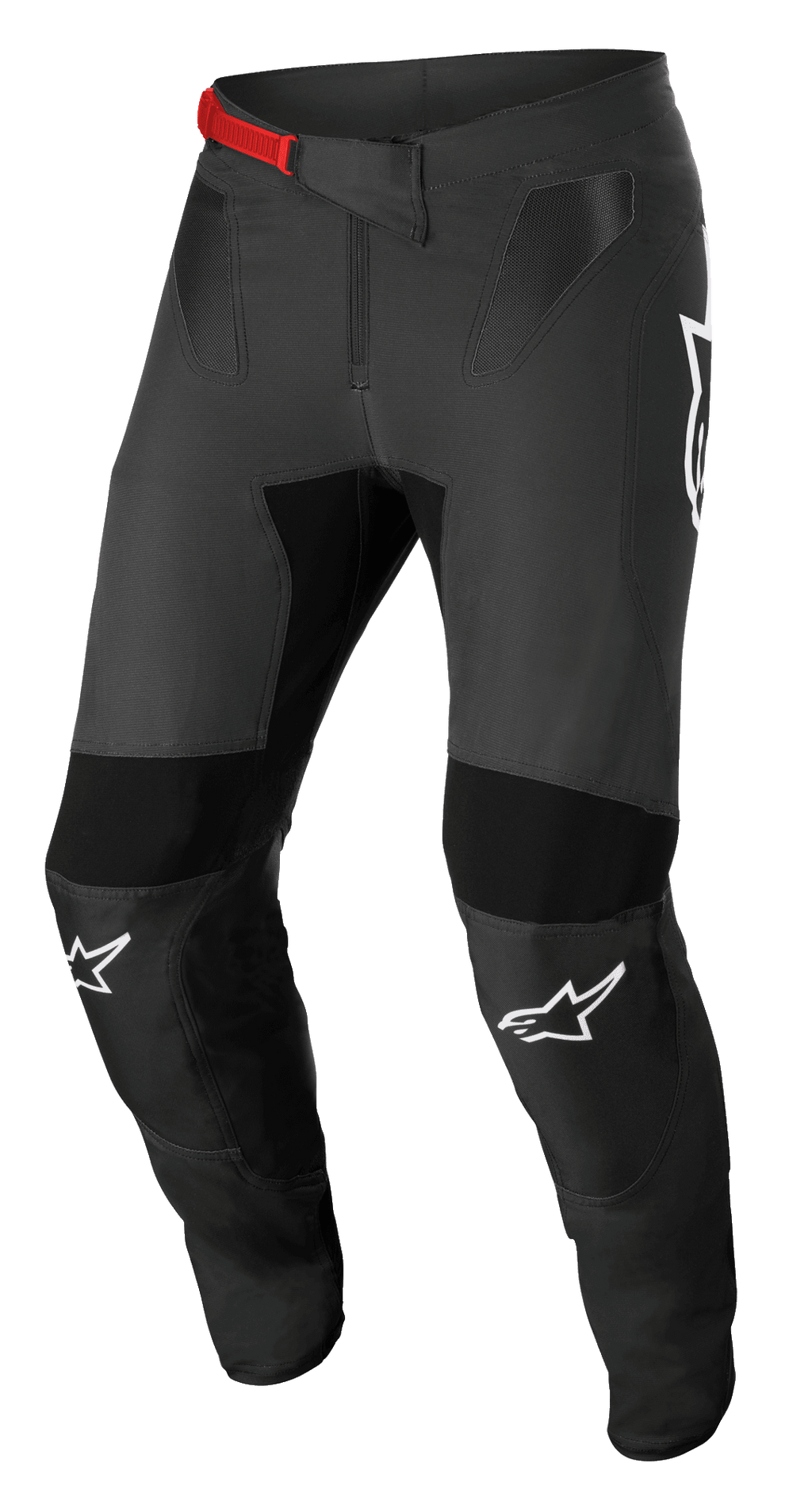 Alpinestars Supertech Foster Pants, calças de motocross, pretas e cinzentas, com fivela vermelha na cintura, logótipos brancos nos joelhos, proteção reforçada nos joelhos e coxas, painéis de malha ventilados e design ajustado para condução ativa