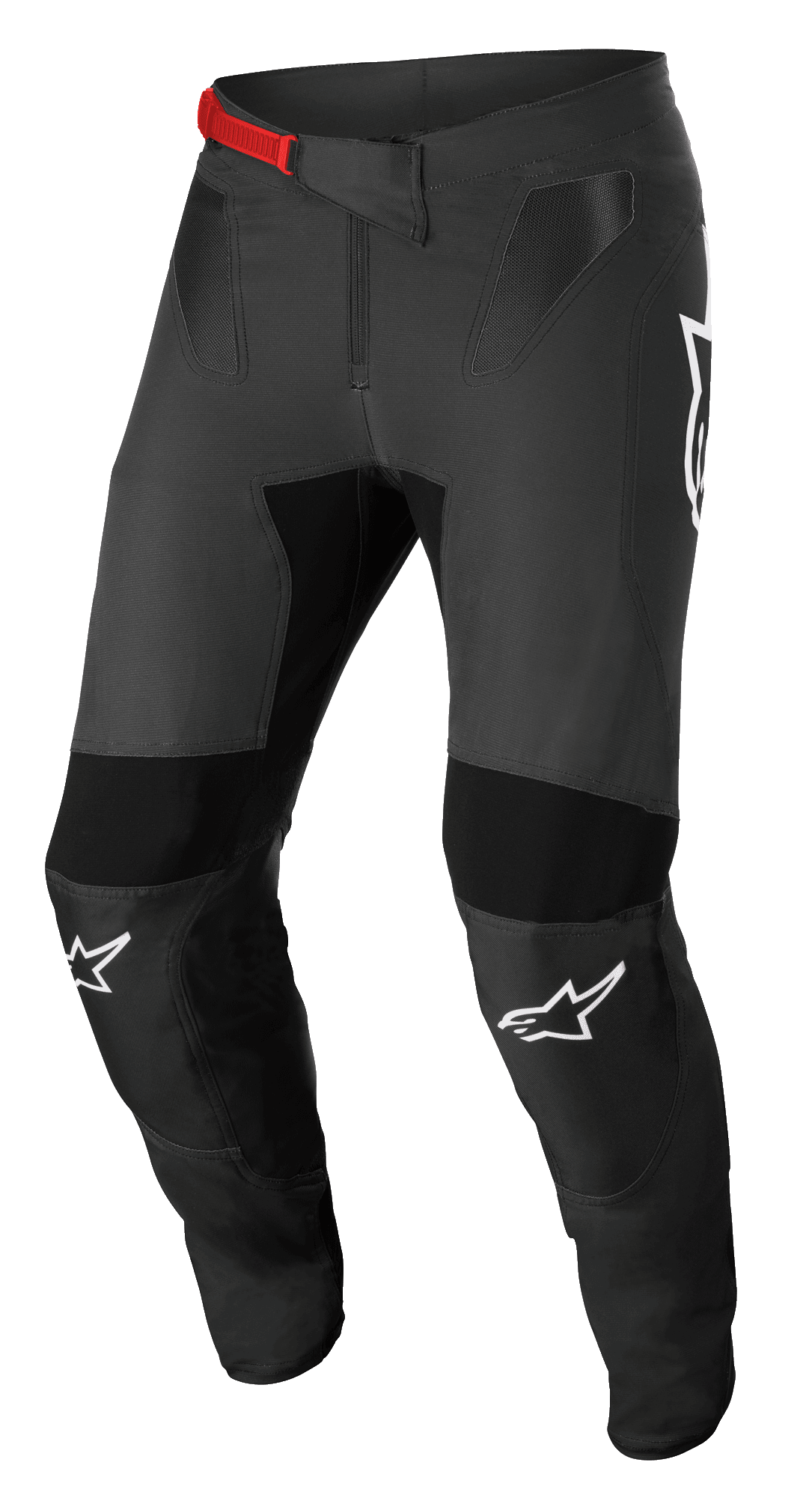 Alpinestars Supertech Foster Pants, calças de motocross, pretas e cinzentas, com fivela vermelha na cintura, logótipos brancos nos joelhos, proteção reforçada nos joelhos e coxas, painéis de malha ventilados e design ajustado para condução ativa