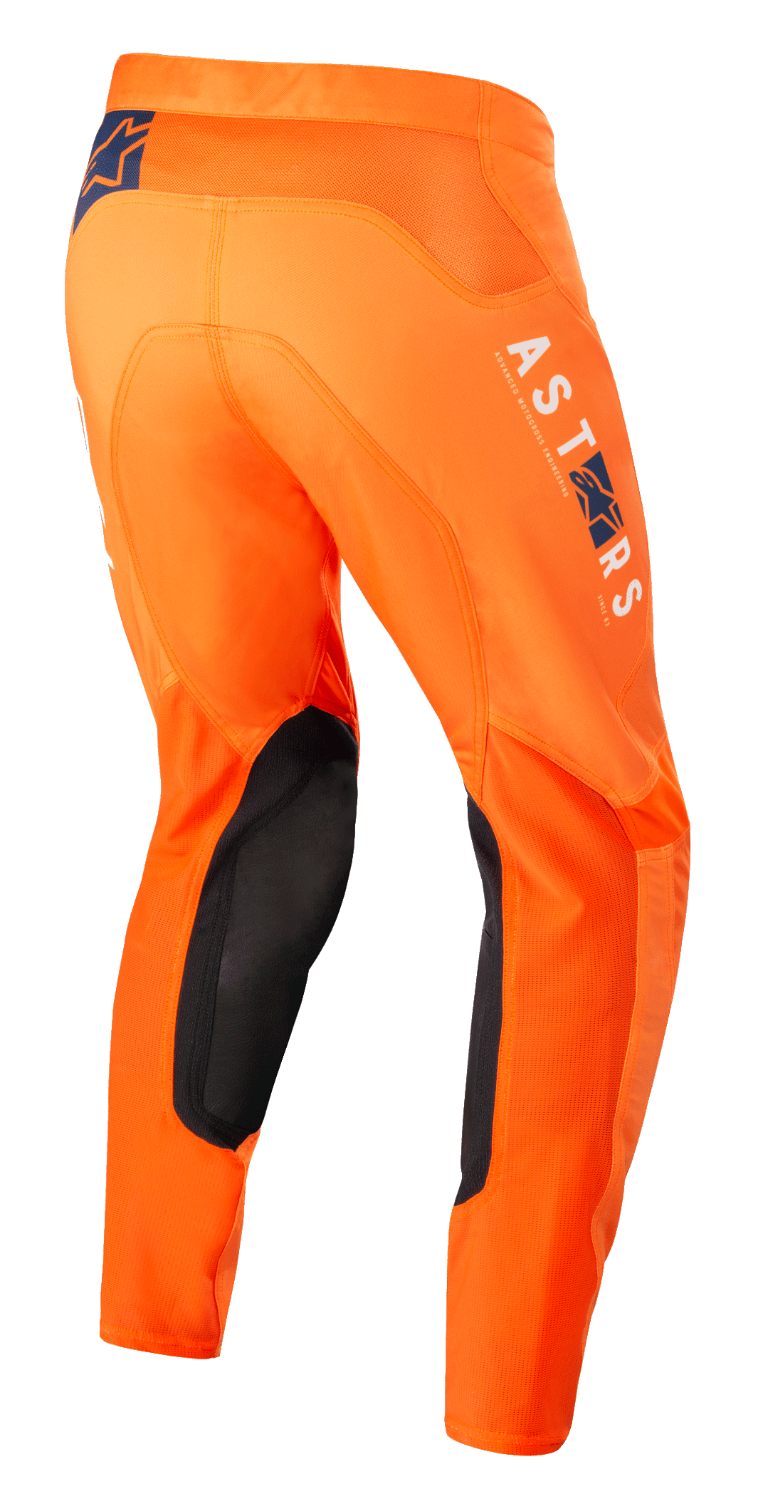 Alpinestars Supertech Foster Pants, calças de motocross, cor de laranja, com painéis interiores pretos nos joelhos, logótipo ASTARS em branco e azul na perna, construção avançada em rip-stop elástico, vista lateral traseira