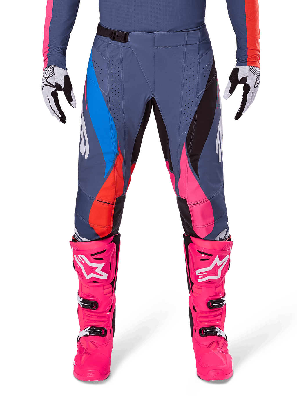 Alpinestars 2025 Techstar Dreem Pants, Motocross Pants, Gray Multicolor with pink, blue, and orange accents, worn with bright pink motocross boots and matching jersey, athletic race fit with laser-cut ventilation holes