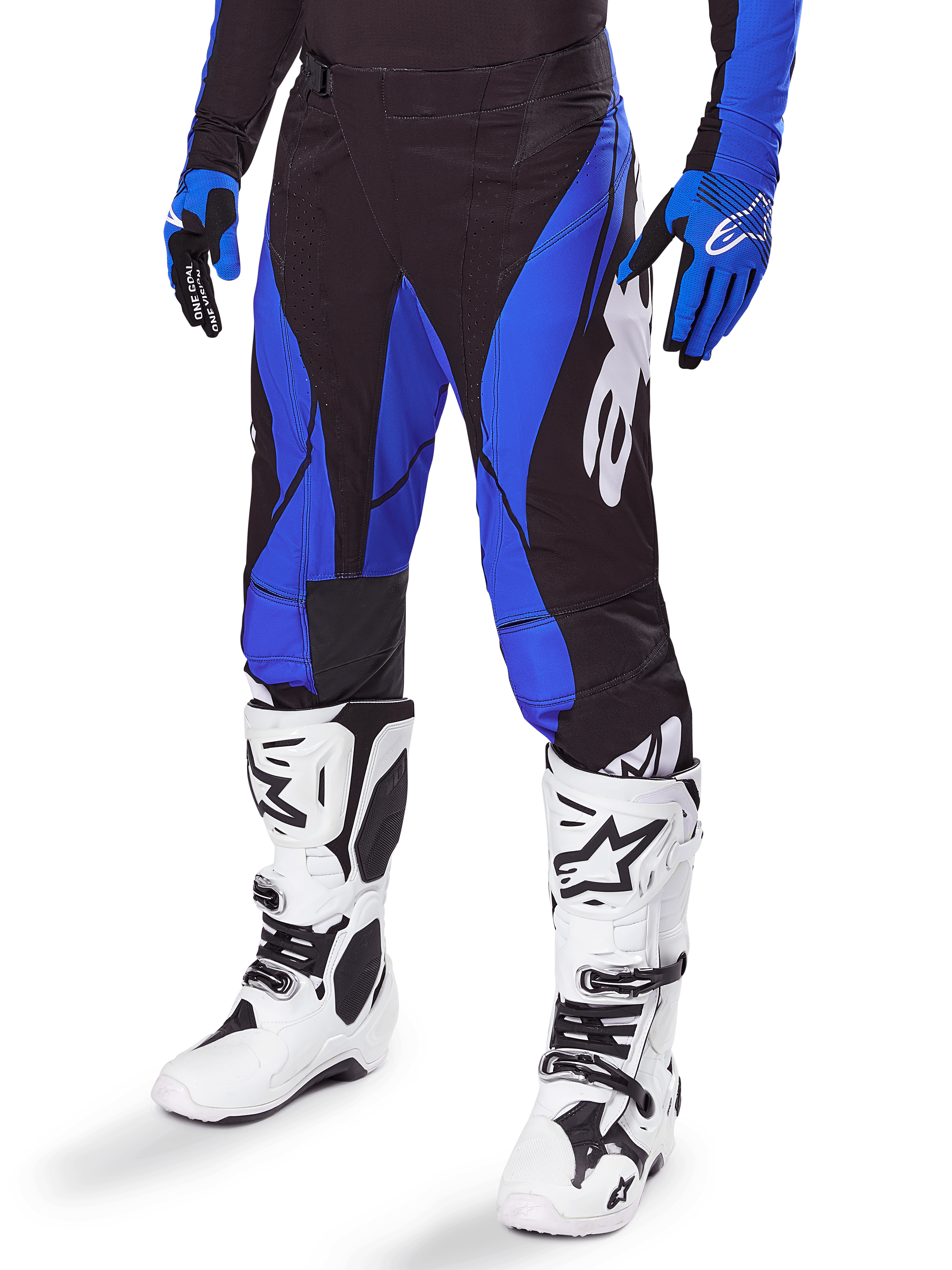 Alpinestars 2025 Techstar Dreem Pants, Motocross Pants, Black and Blue, worn with white motocross boots and blue gloves, featuring white Alpinestars logo on the leg, durable construction for off-road racing