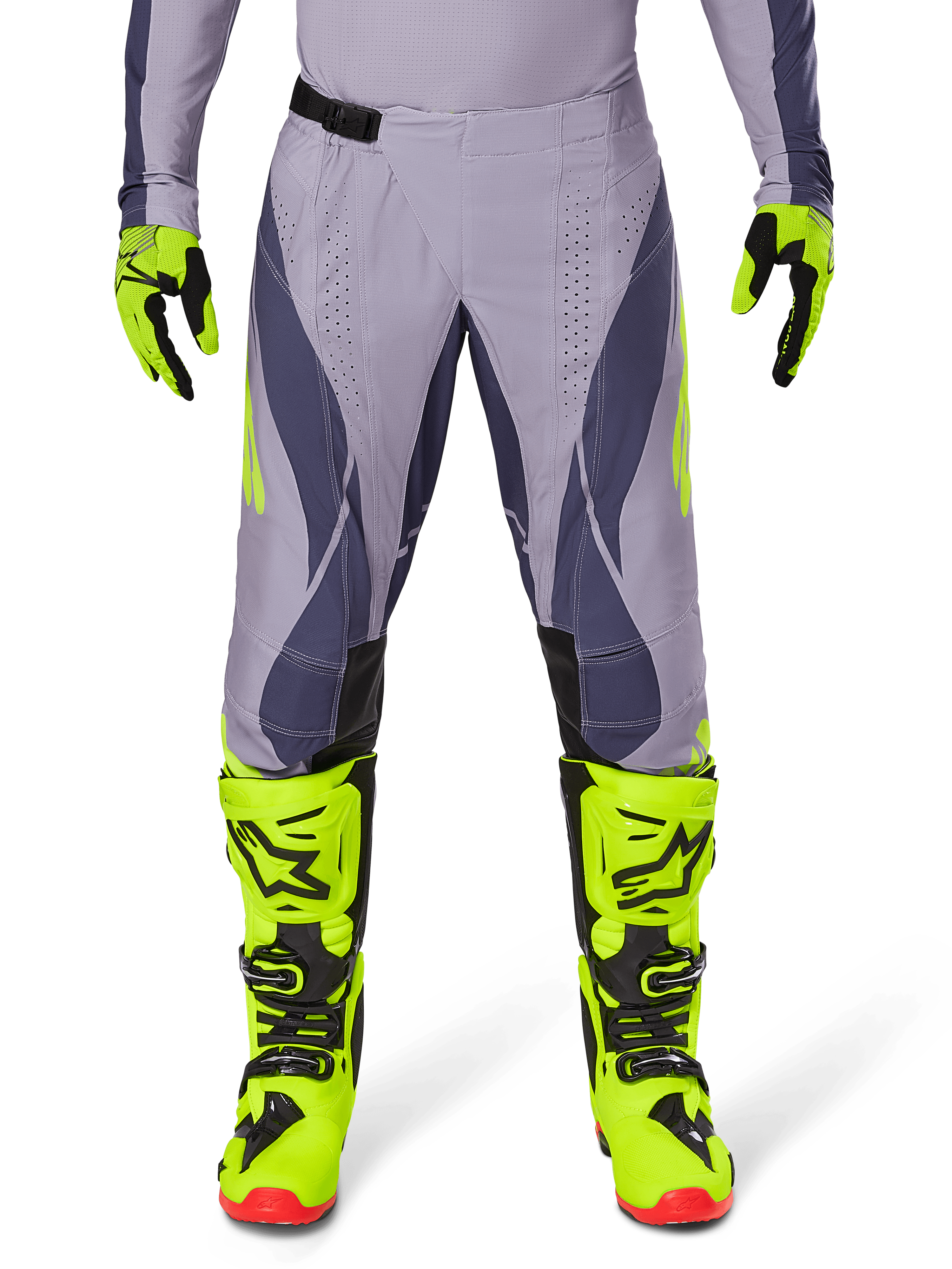 Alpinestars 2025 Techstar Dreem Pants, Motocross Pants, Light Gray and Dark Gray with neon yellow accents, paired with neon yellow boots and gloves, laser-cut ventilation, black buckles, red boot soles, professional motocross gear