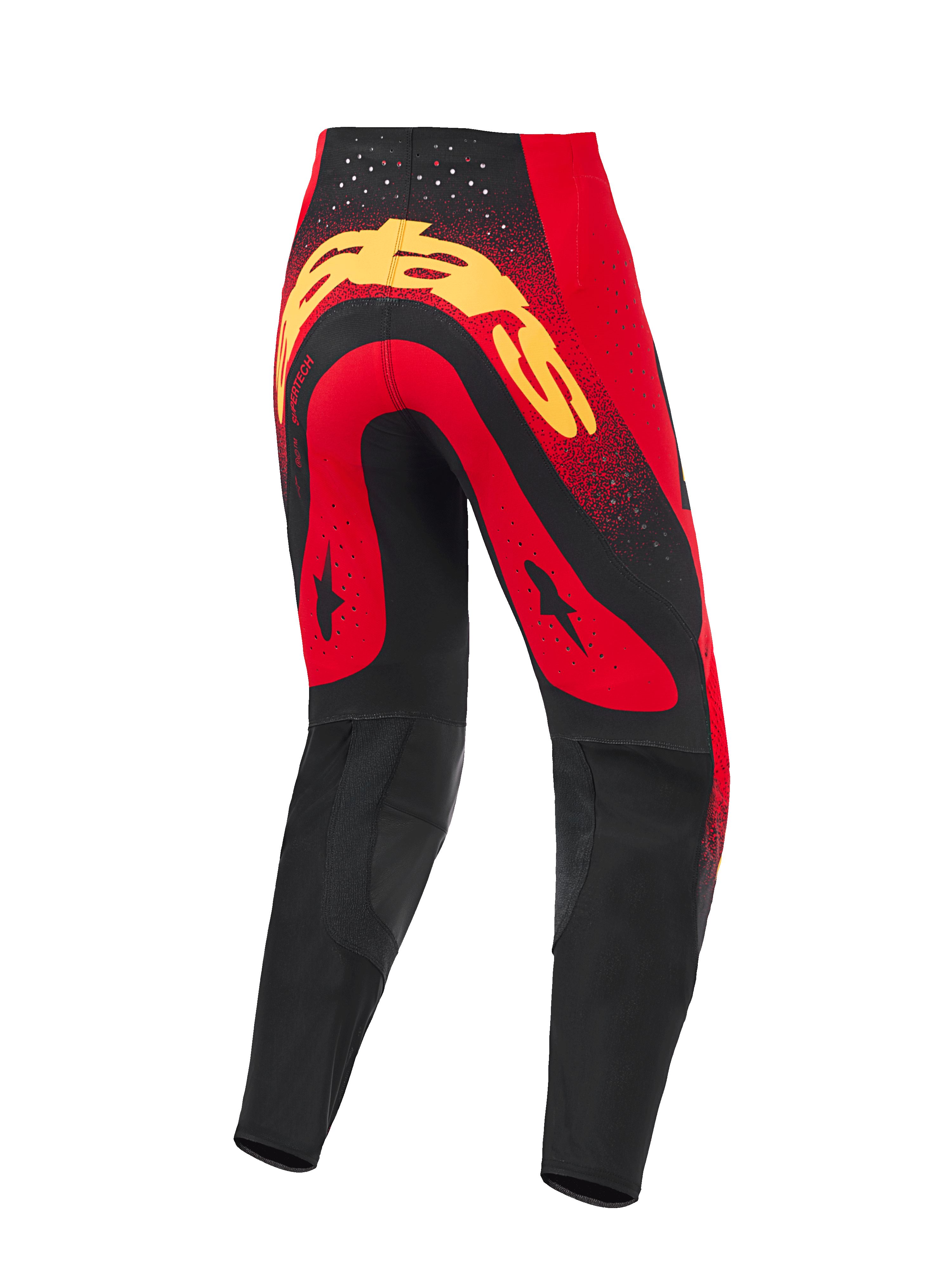 Alpinestars 2026 Supertech Scenz Pants, calças de motocross, vermelhas, pretas e amarelas, vista traseira com um grande logótipo amarelo no assento, painéis vermelhos com gráficos de estrelas pretas, perfurações cortadas a laser na cintura e painéis pretos reforçados na parte inferior das pernas.