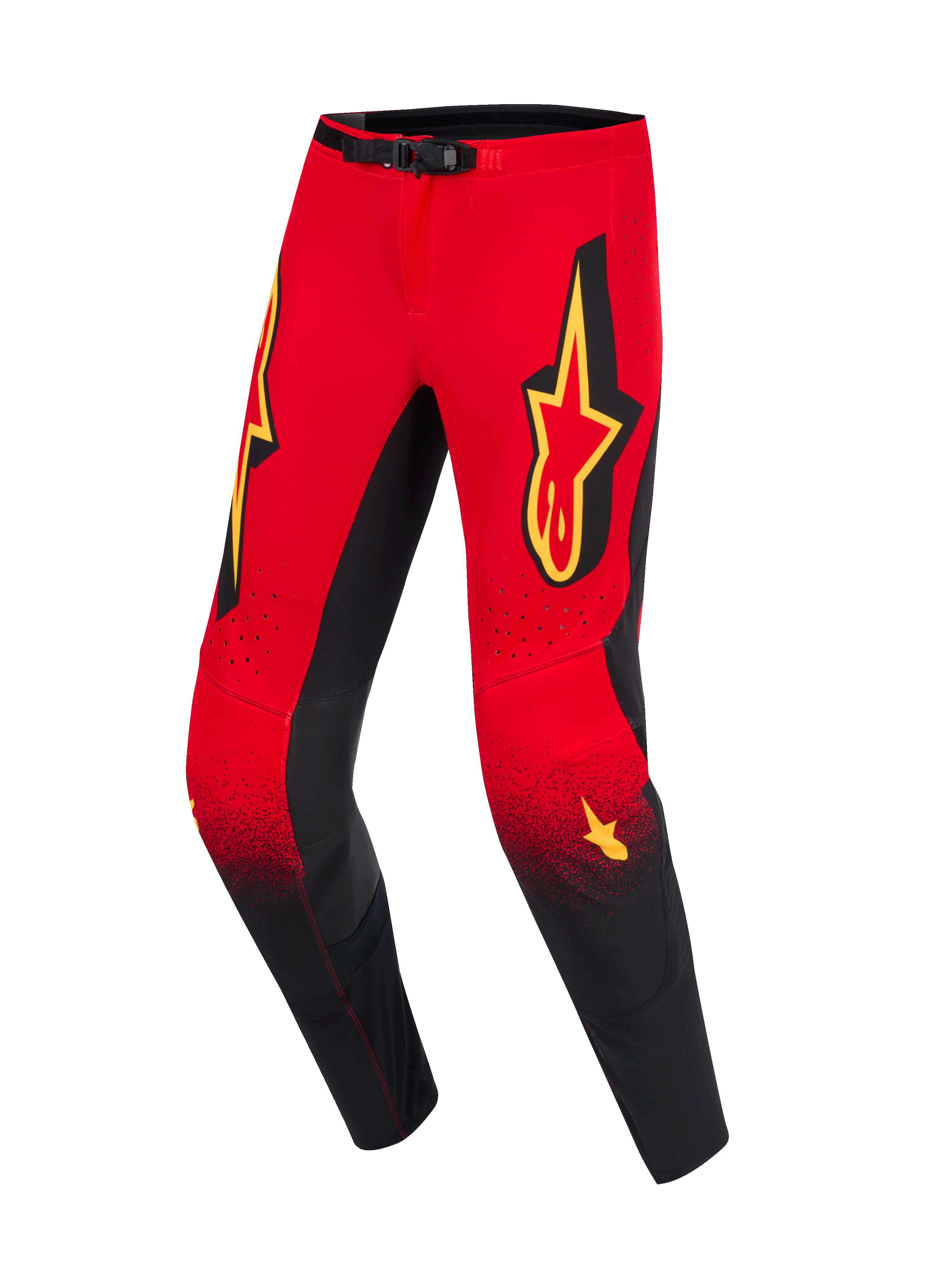 Alpinestars 2026 Supertech Scenz Pants, calças de motocross, vermelhas, pretas e amarelas, parte superior vermelha com transição para pernas pretas em gradiente pontilhado, logótipos Alpinestars amarelos grandes nas coxas, painéis internos dos joelhos pretos e fecho magnético na cintura