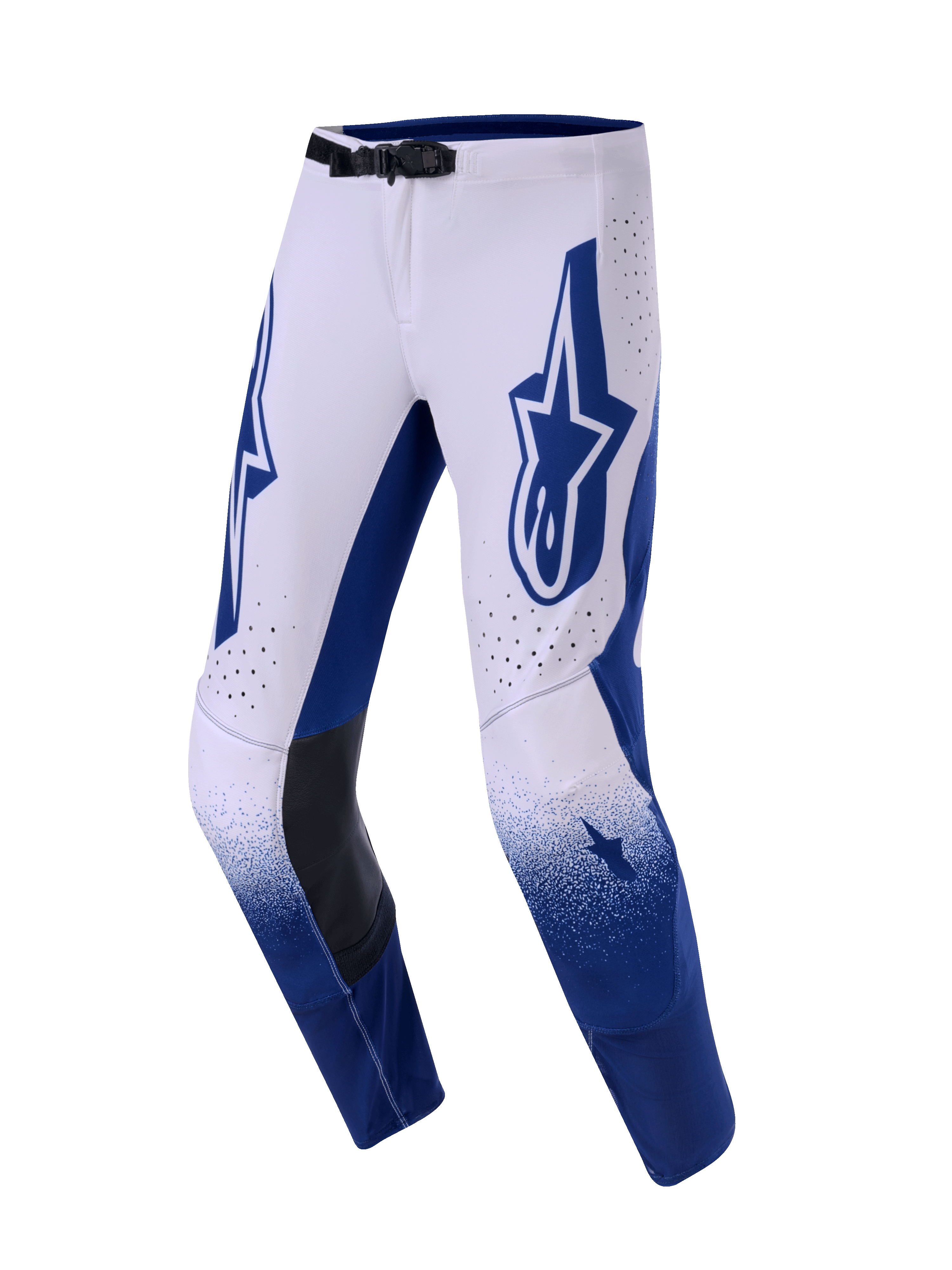 Alpinestars 2026 Supertech Scenz Pants, calças de motocross, cinzento claro e azul escuro, com um grande logótipo Astars azul na coxa, painéis internos dos joelhos em pele preta e orifícios de ventilação perfurados, efeito gradiente na parte inferior das pernas, equipamento de corrida profissional para desempenho todo-o-terreno