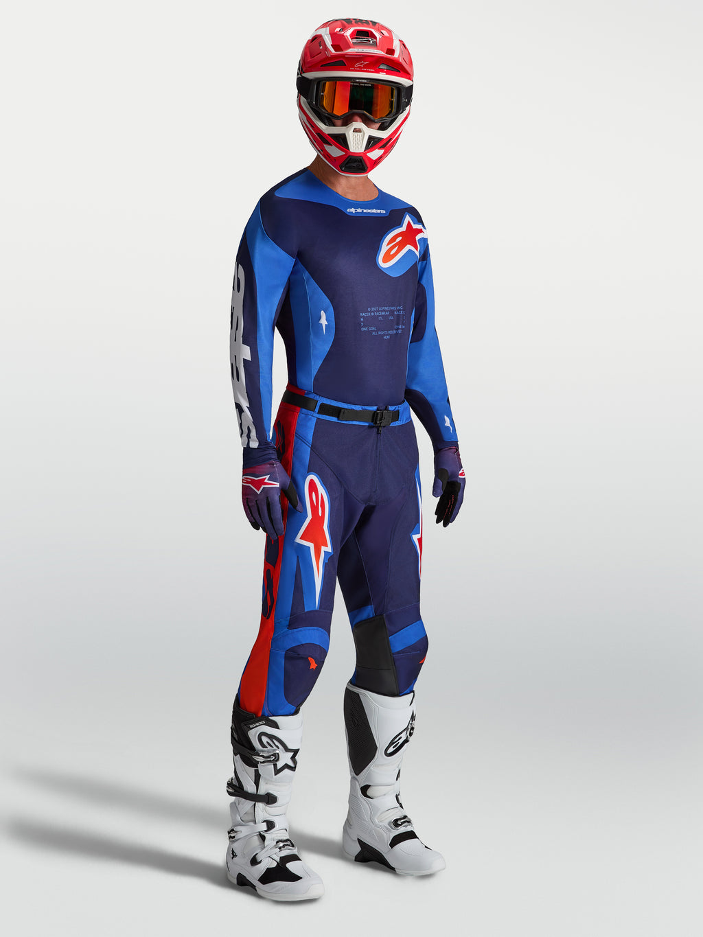 Alpinestars calças Racer Hunt, calças de motocross para homem, azuis e vermelhas, com ajuste de corrida ergonómico e pré-curvado