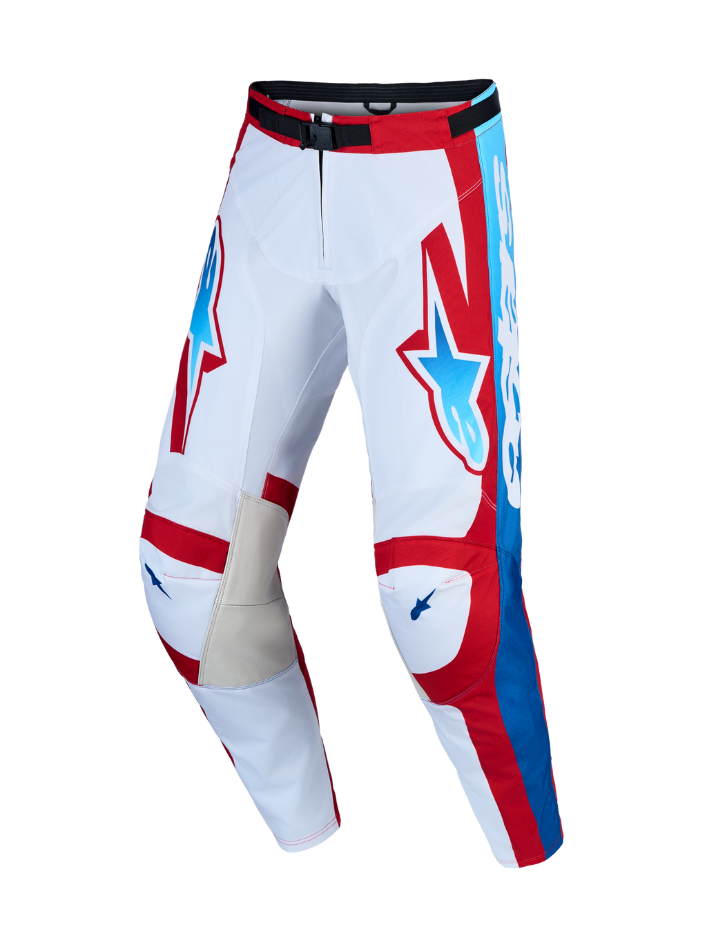 Alpinestars Racer Hunt, calças de motocross para homem, brancas e vermelhas com azul e joelhos interiores em couro