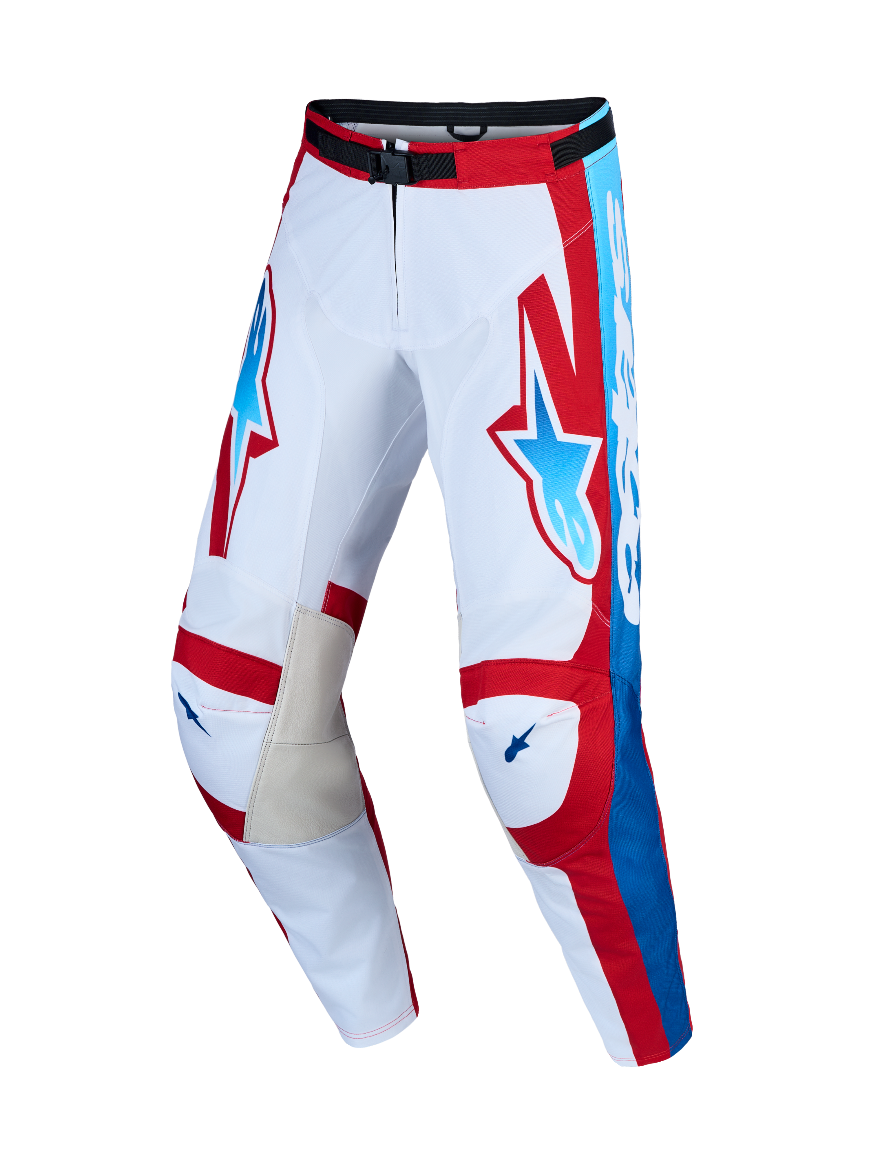 Alpinestars Racer Hunt, calças de motocross para homem, brancas e vermelhas com azul e joelhos interiores em couro