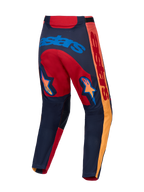 Calças Alpinestars Racer Hunt para motocross, vermelhas e cinzentas, vista traseira com gráficos de estrelas e logótipo azul.
