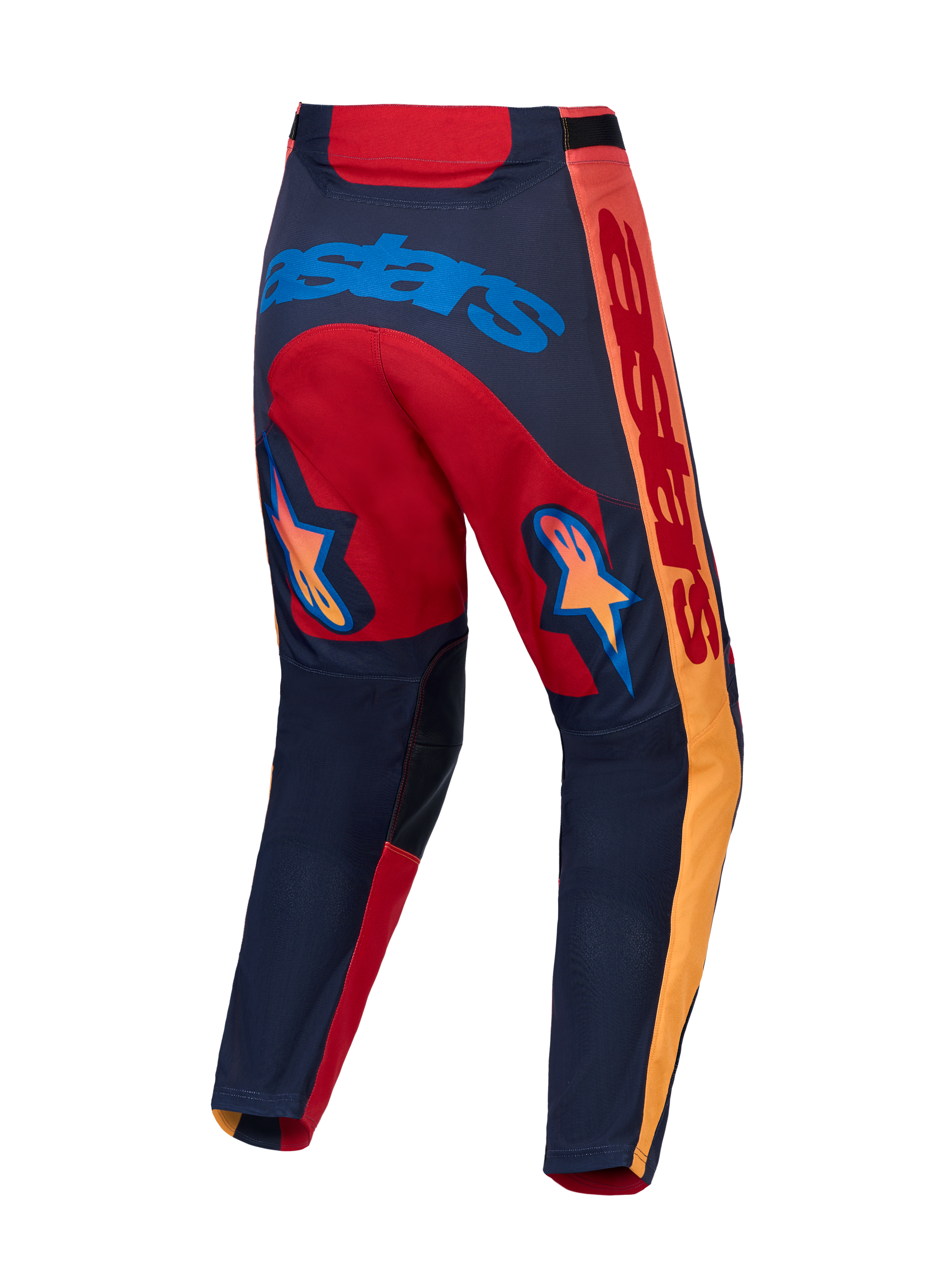 Calças Alpinestars Racer Hunt para motocross, vermelhas e cinzentas, vista traseira com gráficos de estrelas e logótipo azul.