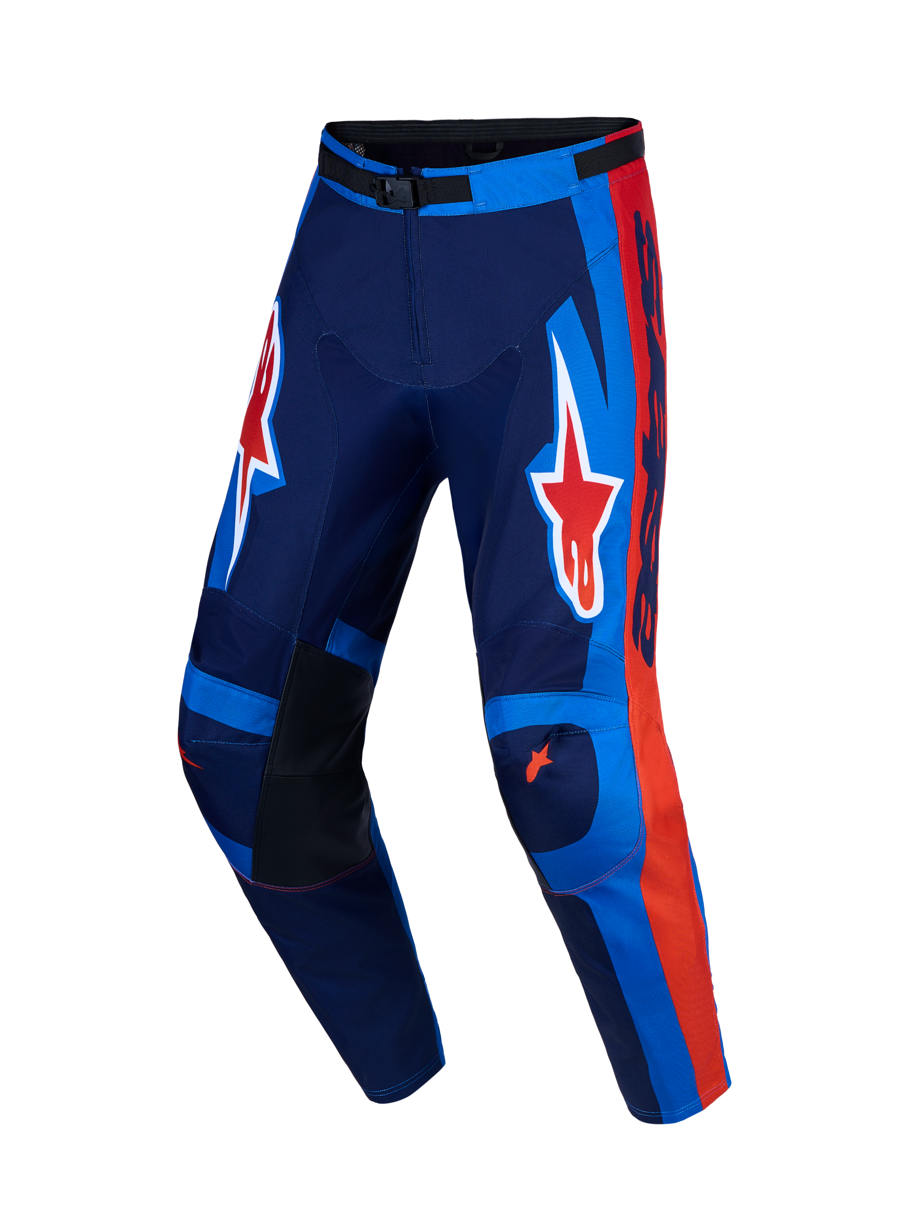 Alpinestars calças Racer Hunt, calças de motocross para homem, azul e vermelho, polifibra 600D e pernas pré-curvadas.