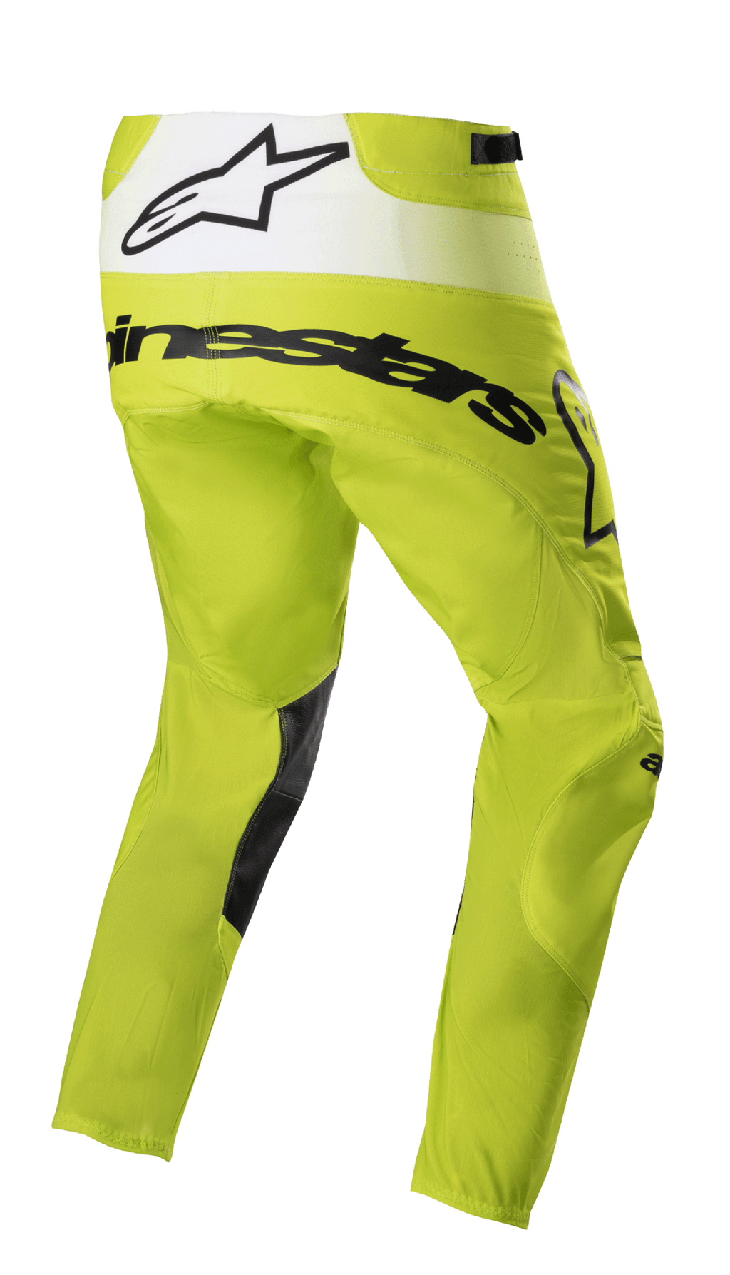 Alpinestars 2023 Techstar Push Pants, calças de motocross, amarelo néon e branco, vista traseira de três quartos com logótipos pretos e painel traseiro branco com logótipo de estrela, reforços pretos na parte interna das pernas, equipamento de corrida todo-o-terreno durável