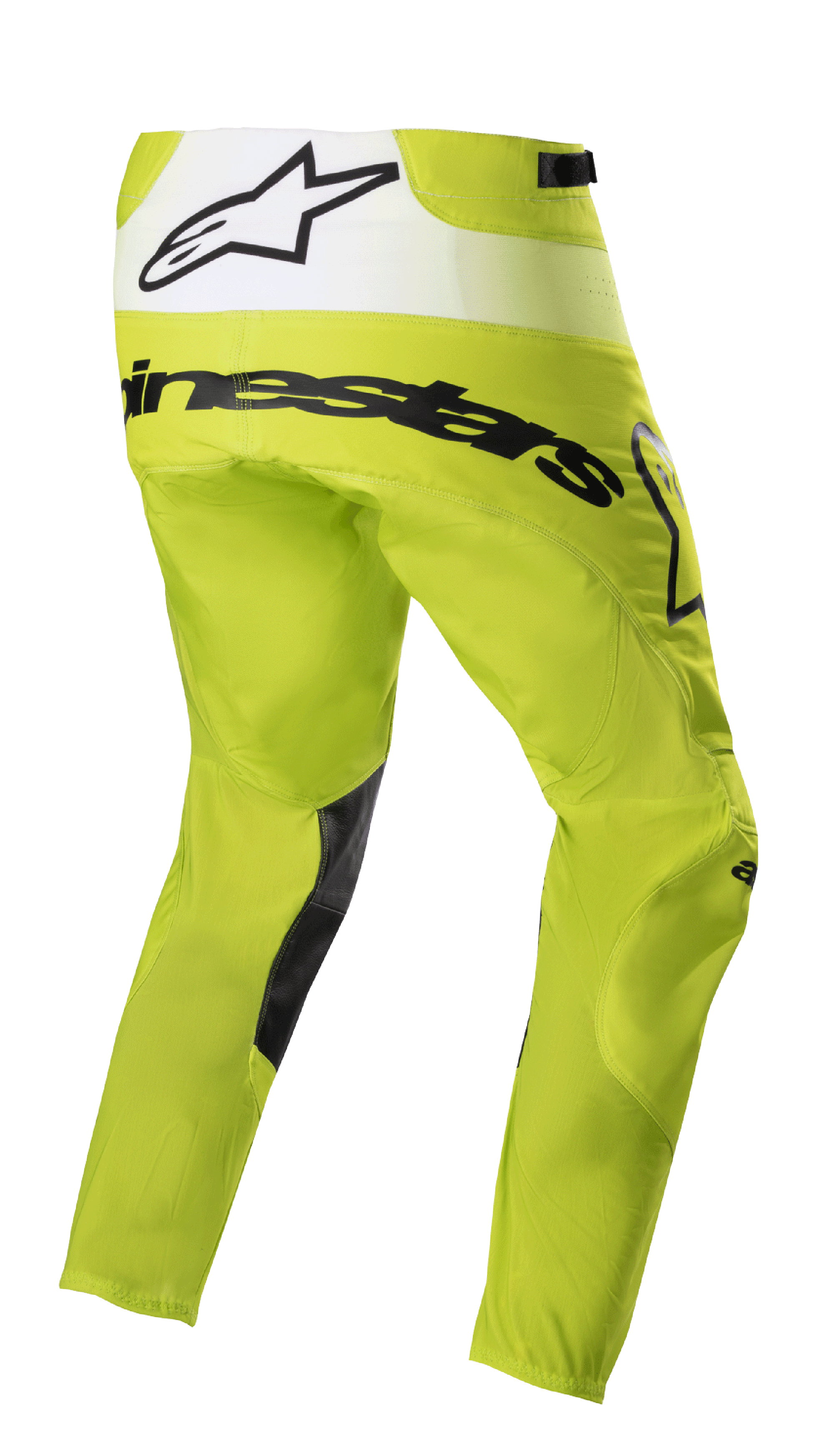 Alpinestars 2023 Techstar Push Pants, calças de motocross, amarelo néon e branco, vista traseira de três quartos com logótipos pretos e painel traseiro branco com logótipo de estrela, reforços pretos na parte interna das pernas, equipamento de corrida todo-o-terreno durável