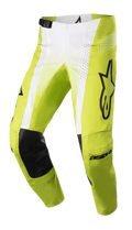 Alpinestars 2023 Techstar Push Pants, calças de motocross, amarelo néon e branco com detalhes pretos, reforços internos nos joelhos em couro preto, painéis de ventilação perfurados, logótipo grande na coxa e fivela de cintura ajustável, equipamento de alta performance para todo-o-terreno