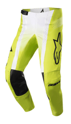 Alpinestars 2023 Techstar Push Pants, calças de motocross, amarelo néon e branco com detalhes pretos, reforços internos nos joelhos em couro preto, painéis de ventilação perfurados, logótipo grande na coxa e fivela de cintura ajustável, equipamento de alta performance para todo-o-terreno