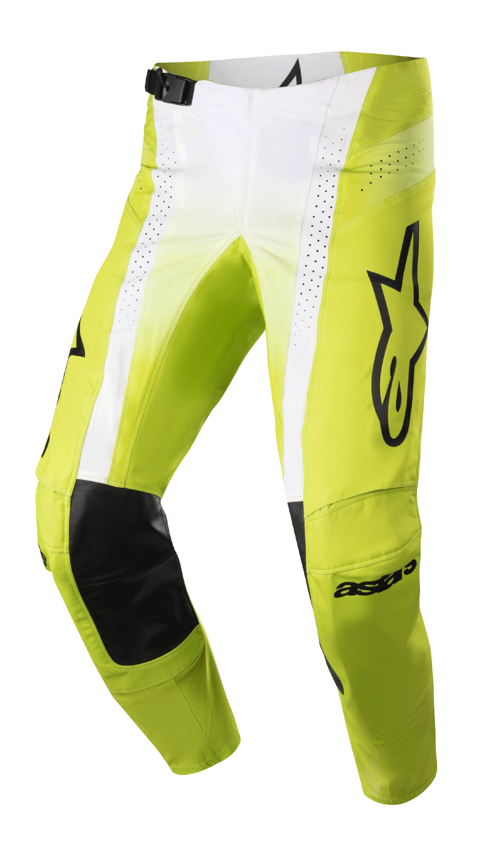 Alpinestars 2023 Techstar Push Pants, calças de motocross, amarelo néon e branco com detalhes pretos, reforços internos nos joelhos em couro preto, painéis de ventilação perfurados, logótipo grande na coxa e fivela de cintura ajustável, equipamento de alta performance para todo-o-terreno
