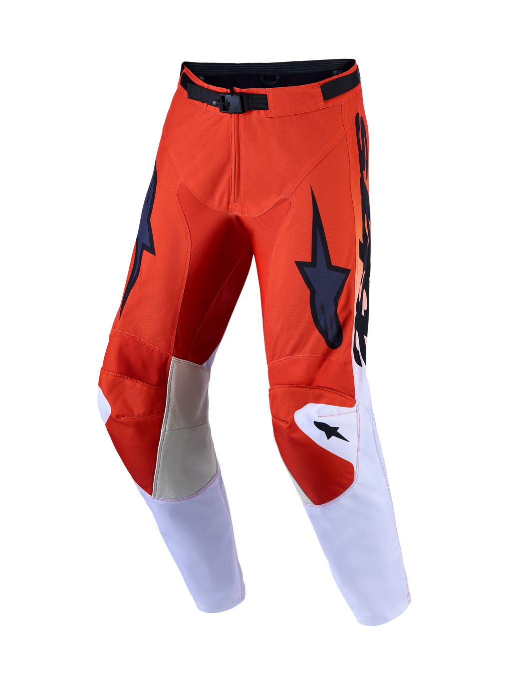 Alpinestars 2027 Racer Amber, calças de motocross para homem, vermelho cardeal e lilás claro com painéis em pele nos joelhos.