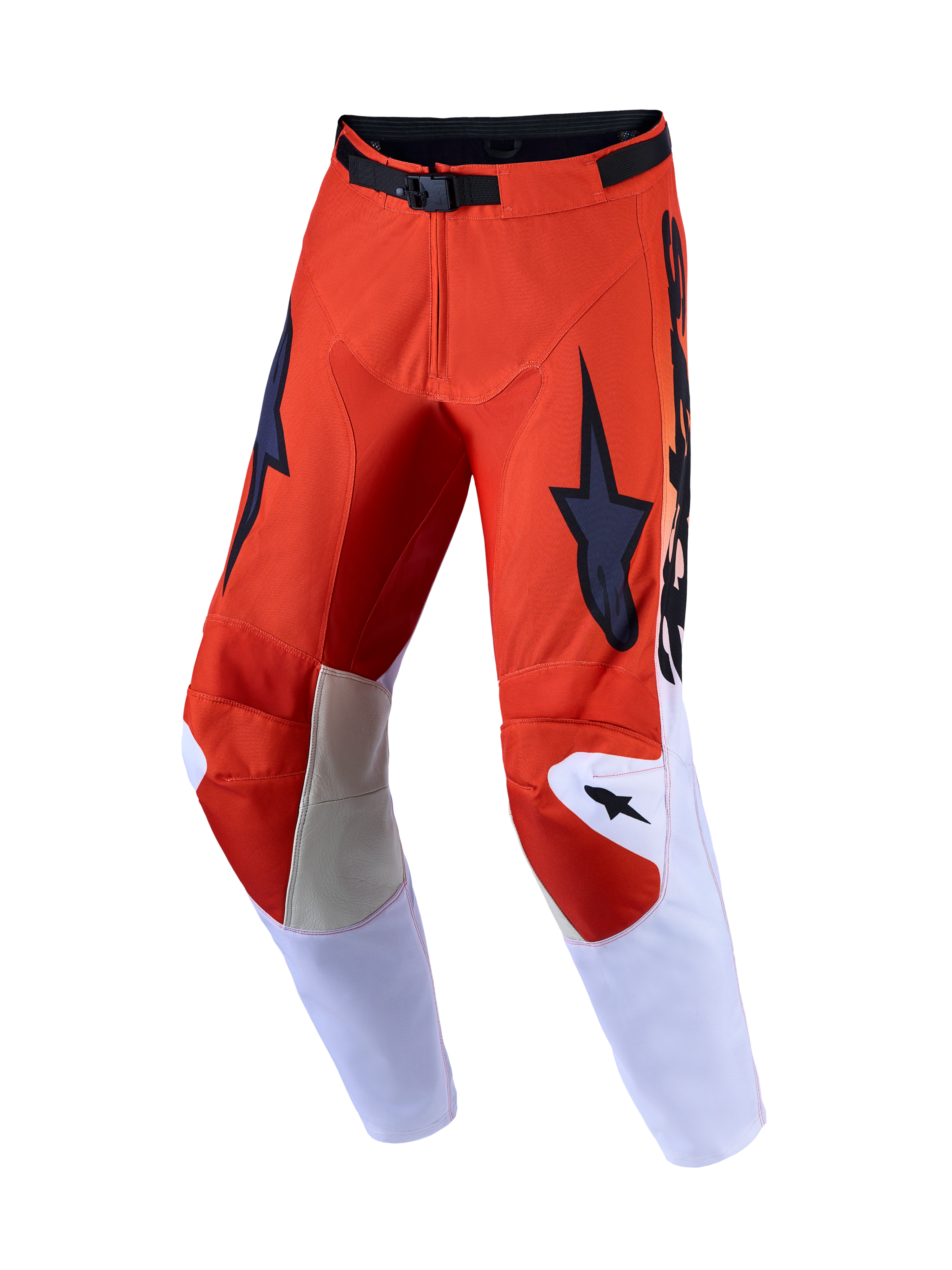 Alpinestars 2027 Racer Amber, calças de motocross para homem, vermelho cardeal e lilás claro com painéis em pele nos joelhos.