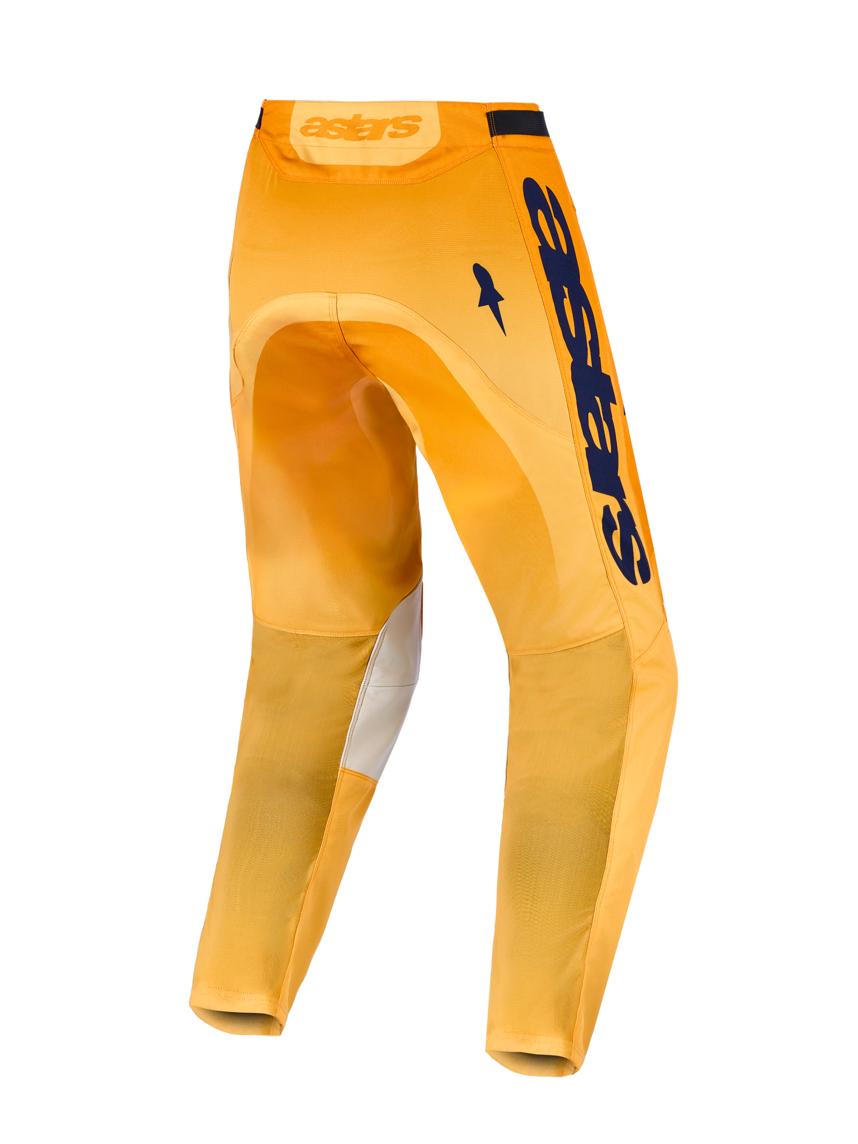 Alpinestars Racer Amber, calças de motocross laranja e azul-marinho, vista traseira, painéis em pele nos joelhos.