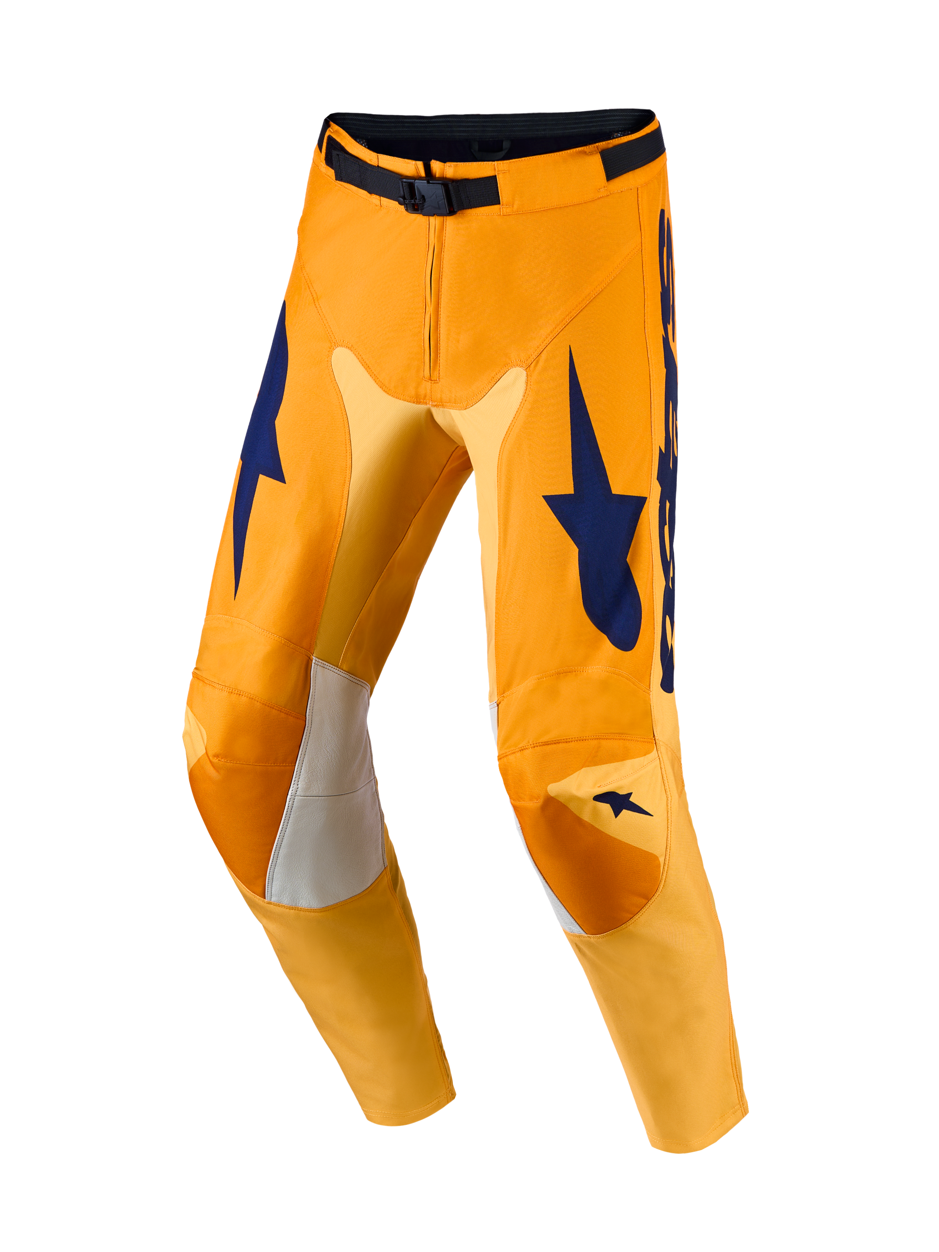 Alpinestars Calças Racer Amber e Racer Amber Gear Set, calças de motocross para homem, laranja e azul, painéis elásticos.
