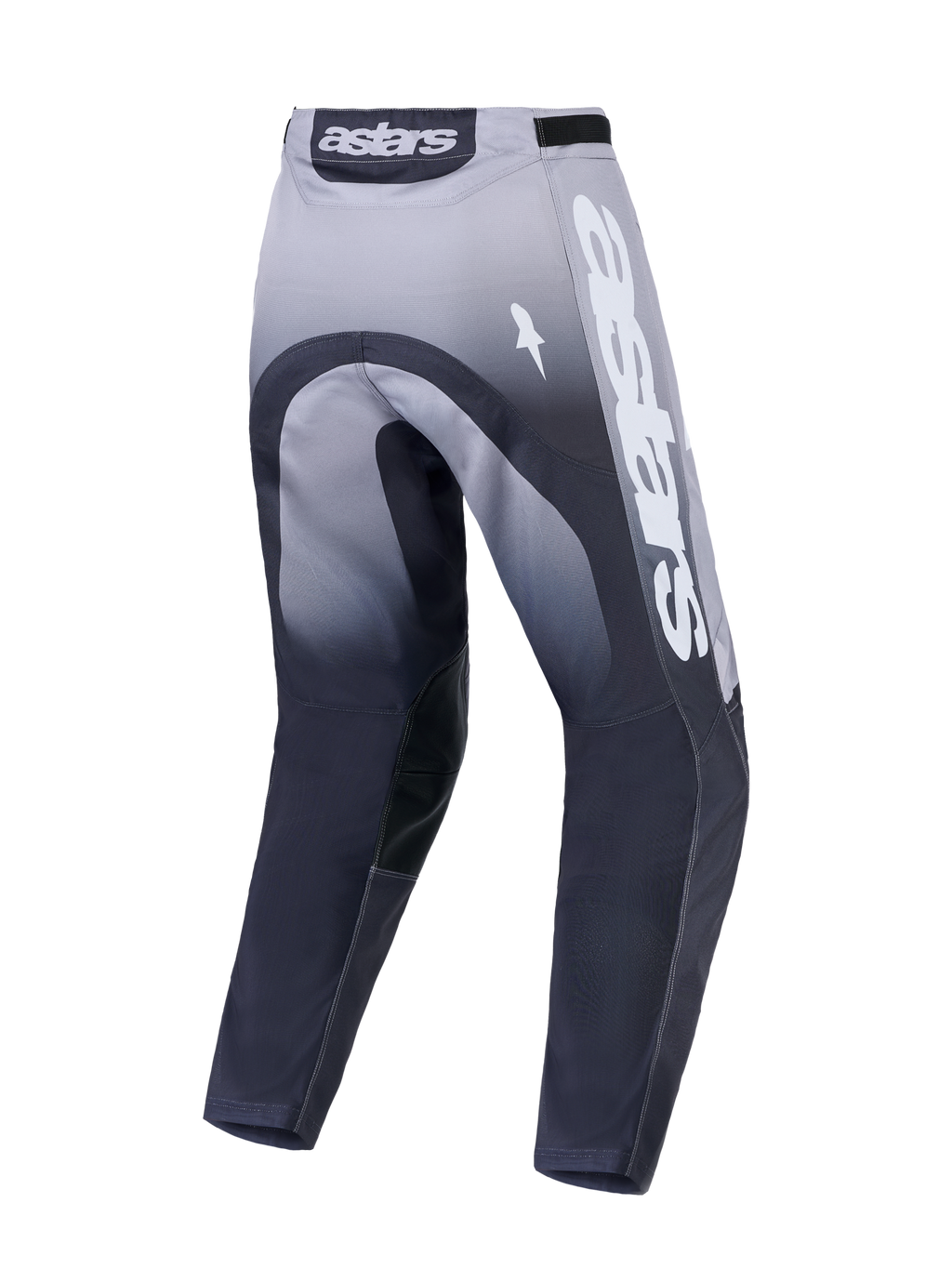 Alpinestars Racer Amber, calças de motocross para homem, cinzentas e brancas, vista traseira com construção durável e logótipo Astars em destaque.