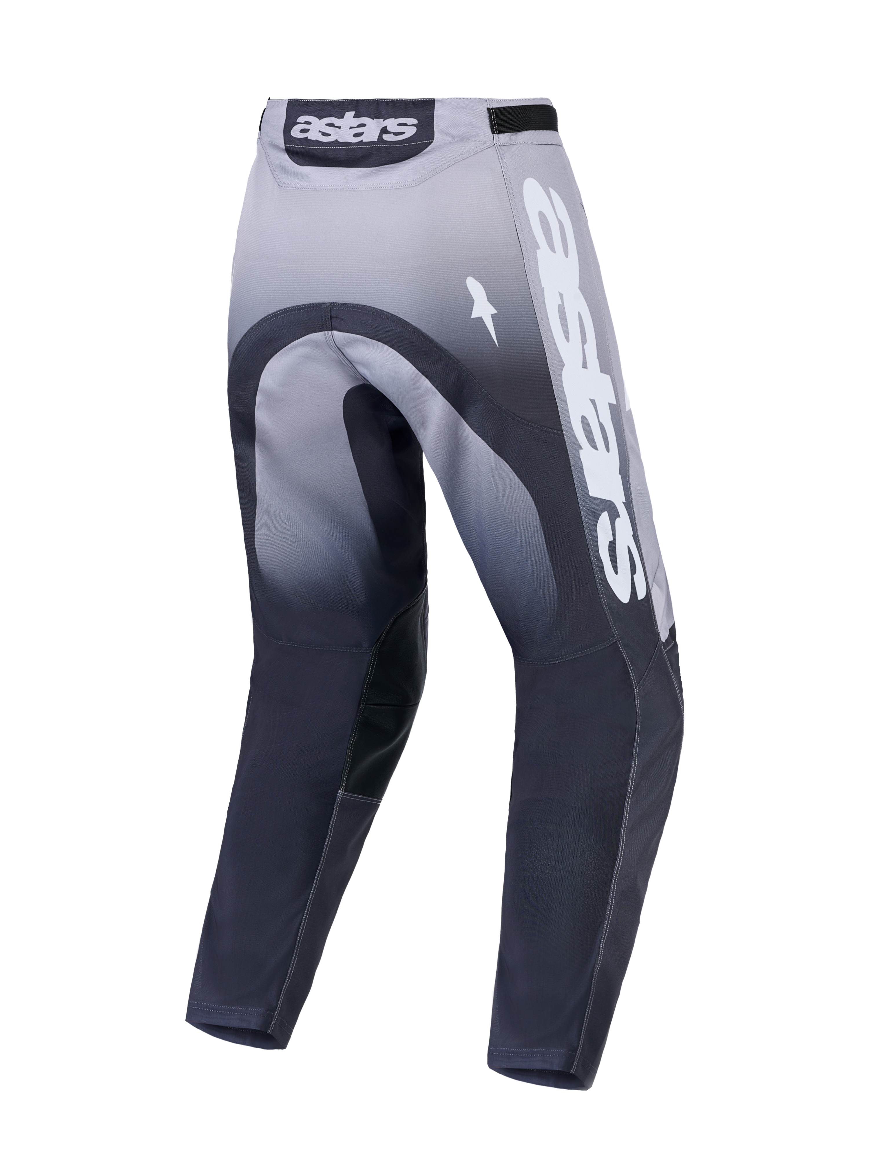 Alpinestars Racer Amber, calças de motocross para homem, cinzentas e brancas, vista traseira com construção durável e logótipo Astars em destaque.