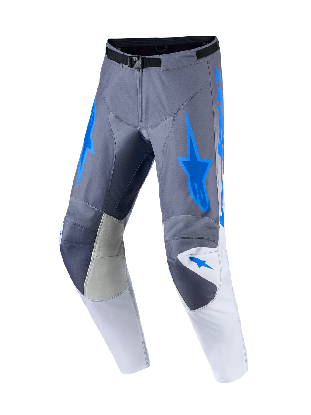 Alpinestars Racer Amber, calças de motocross cinzentas e azuis com painéis de couro reforçados nos joelhos.