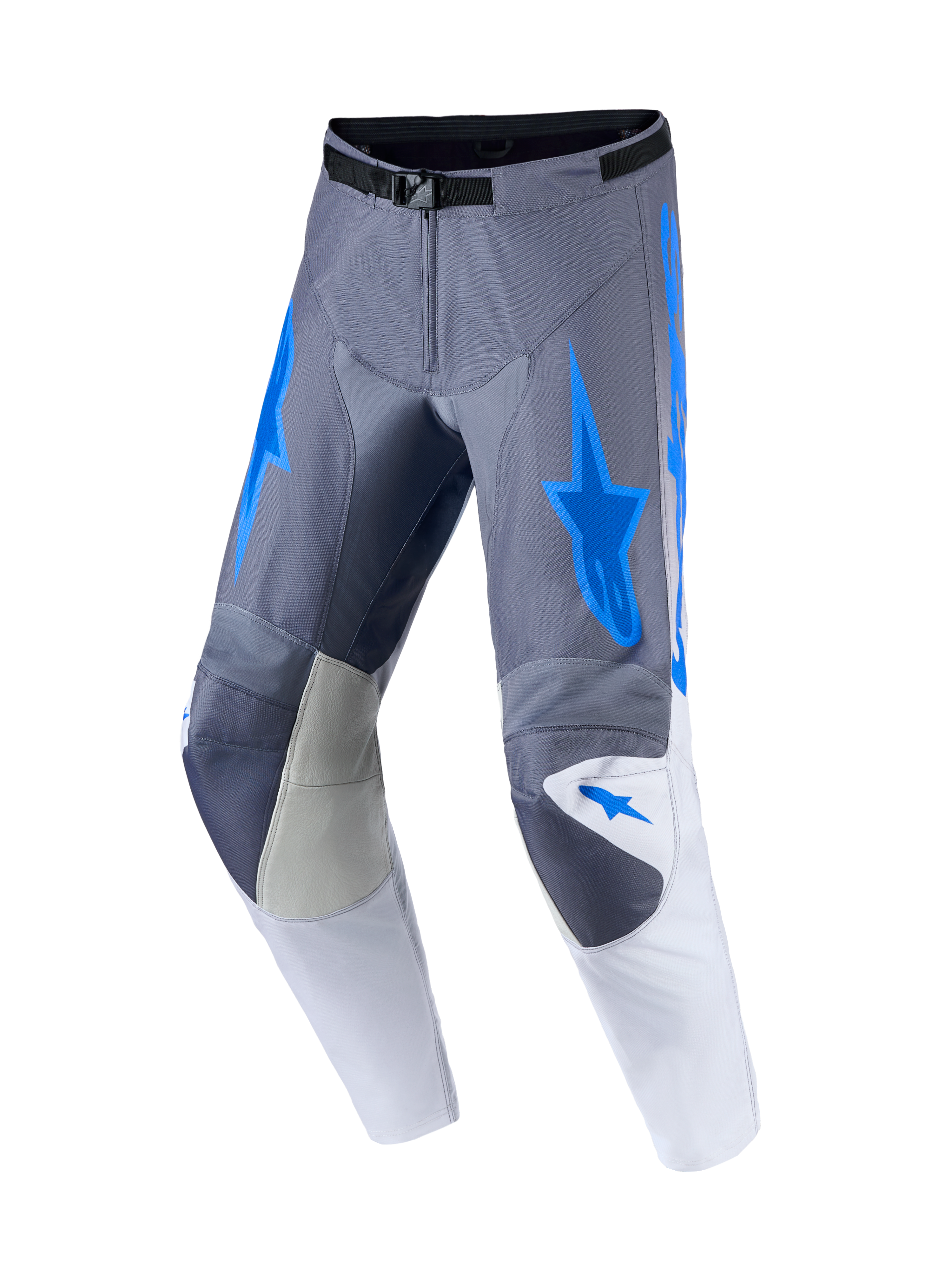 Alpinestars Racer Amber, calças de motocross cinzentas e azuis com painéis de couro reforçados nos joelhos.