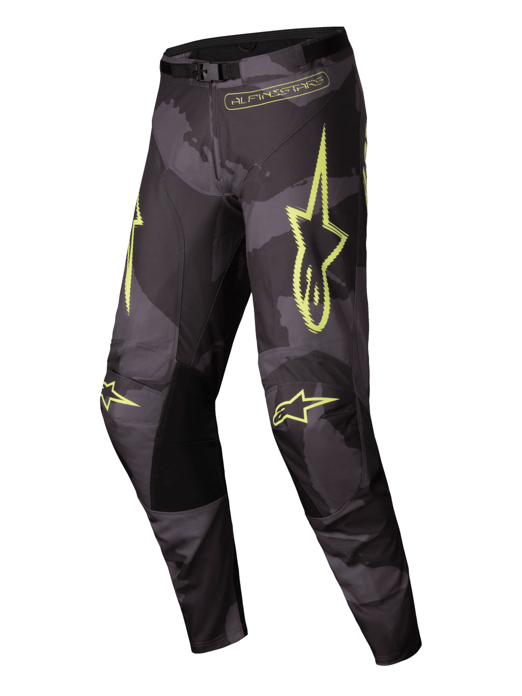 Alpinestars Calças Racer Hollow 2025, calças de moto para motocross, em camuflado escuro e amarelo fluo, leves, respiráveis e com construção ergonómica pré-curvada