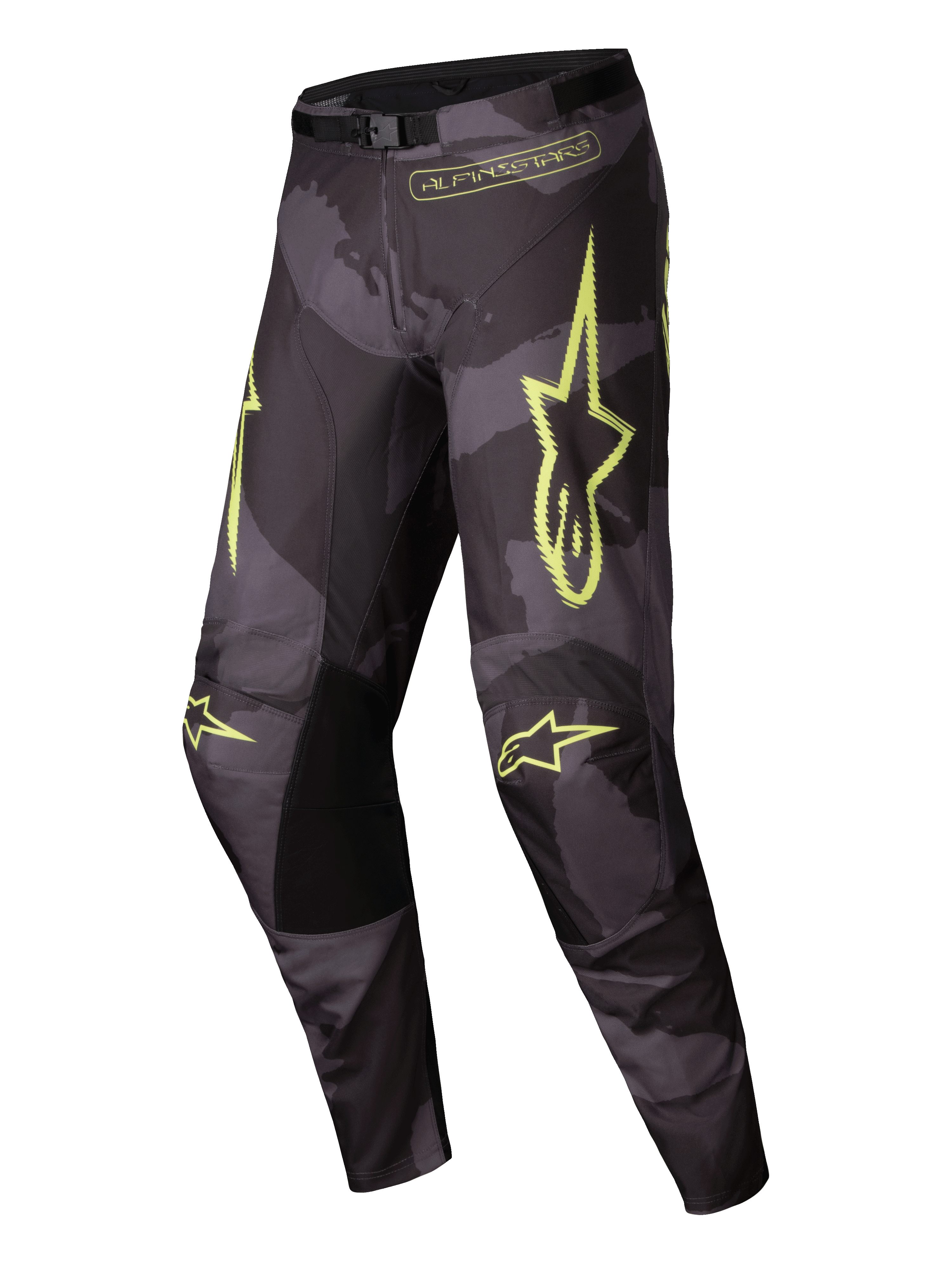 Alpinestars Calças Racer Hollow 2025, calças de moto para motocross, em camuflado escuro e amarelo fluo, leves, respiráveis e com construção ergonómica pré-curvada