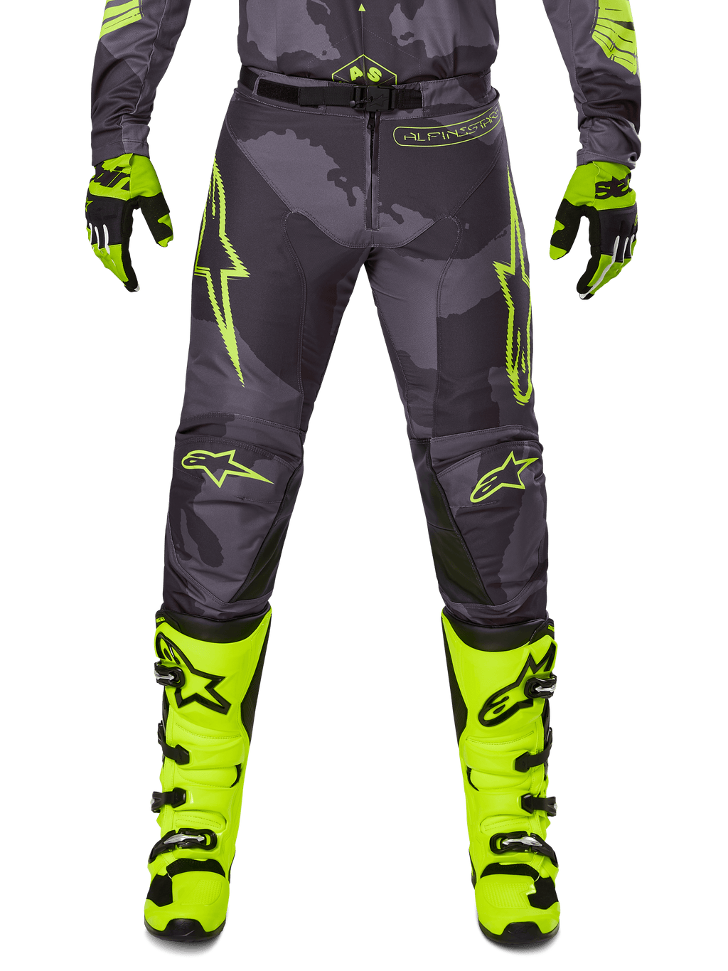 Alpinestars Racer Hollow Pants 2025, calças de motocross cinzentas com detalhes amarelo néon, estrelas amarelas e logótipos, luvas pretas e amarelas, botas amarelo néon com fivelas pretas, equipamento de proteção desportivo