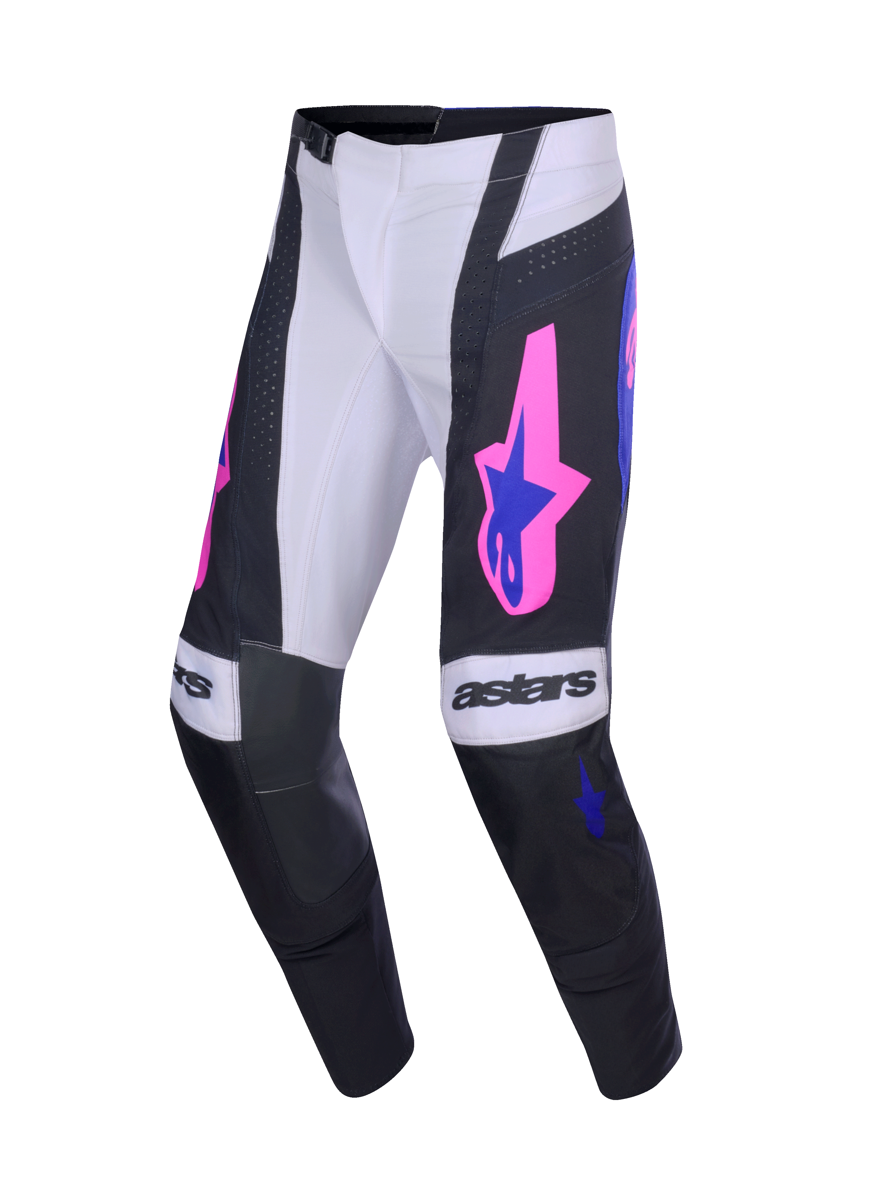 Alpinestars 2026 Techstar Knif Pants, Motocross Pants, Black and Light Gray with Purple and vibrant Pink accents, featuring bold 'astars' branding on the knees, star logos on the thighs, and an ergonomic racing cut for performance off-road riding.