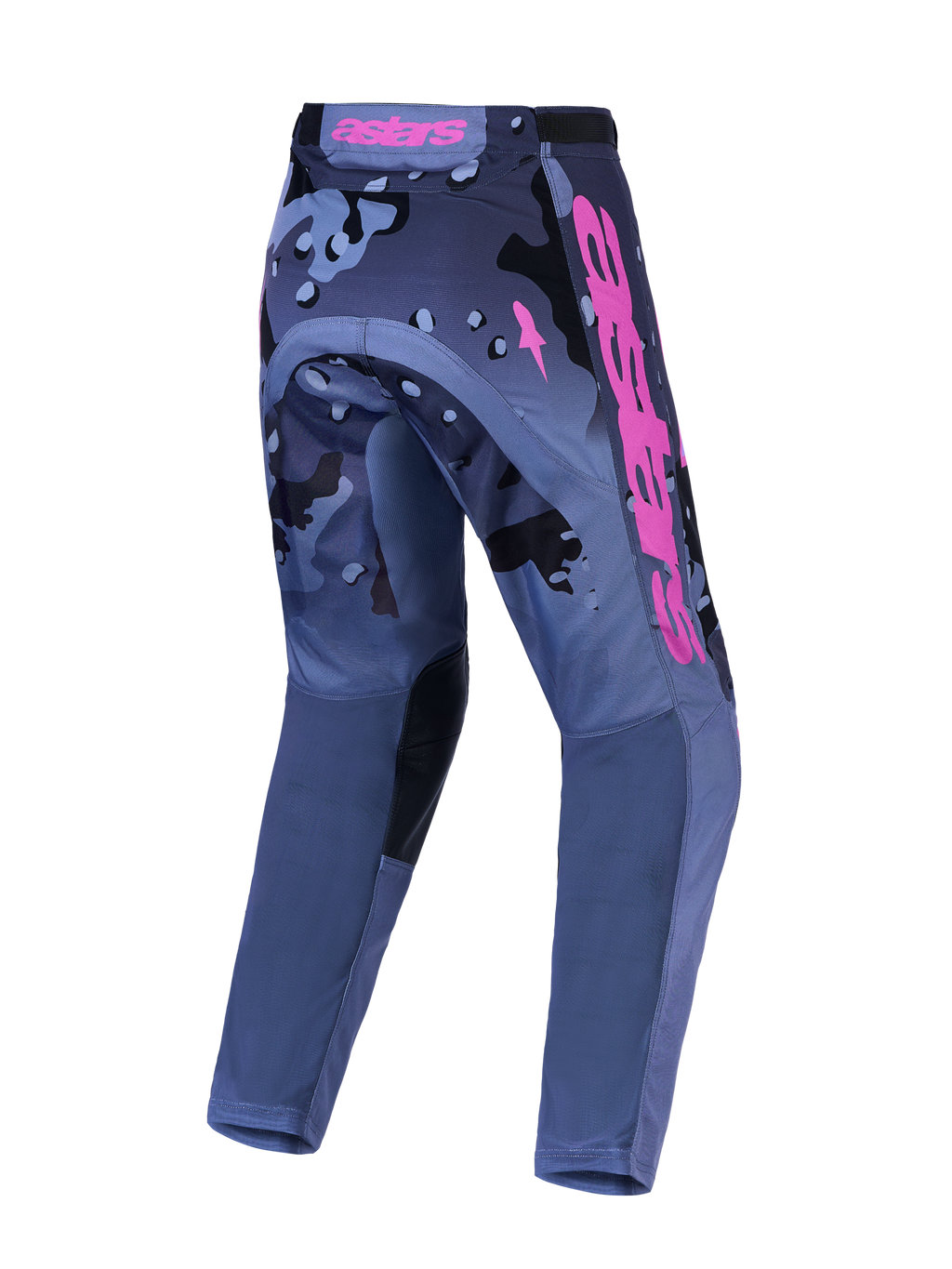 Alpinestars Racer Lone, calças de motocross para homem, cinzentas camufladas e roxas, polifibra resistente, vista traseira.