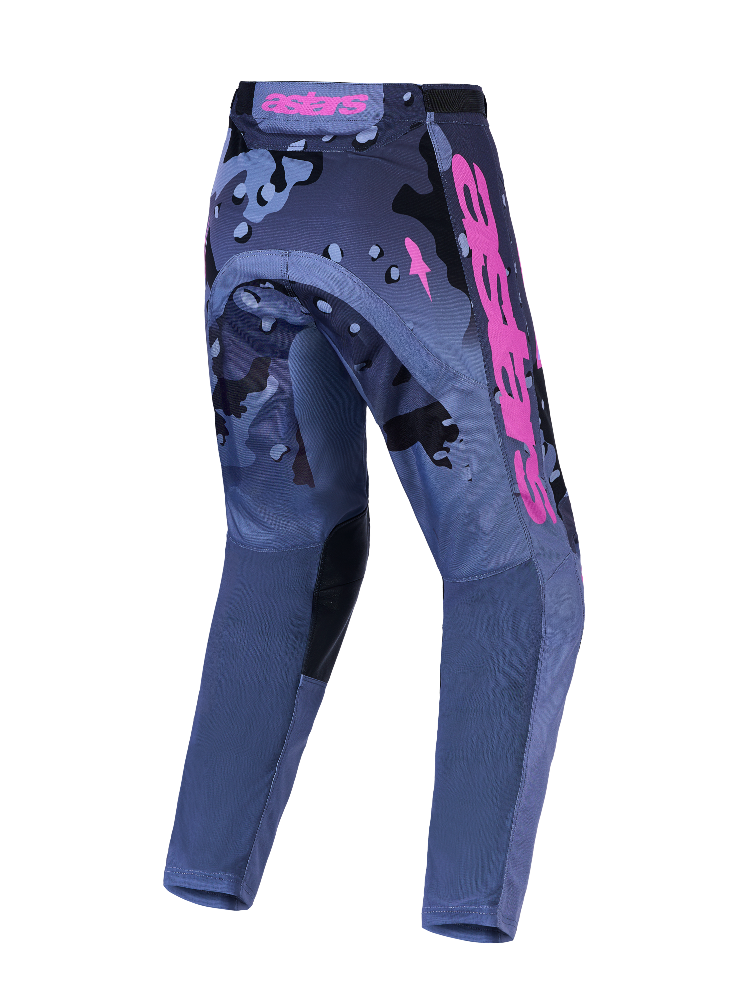 Alpinestars Racer Lone, calças de motocross para homem, cinzentas camufladas e roxas, polifibra resistente, vista traseira.
