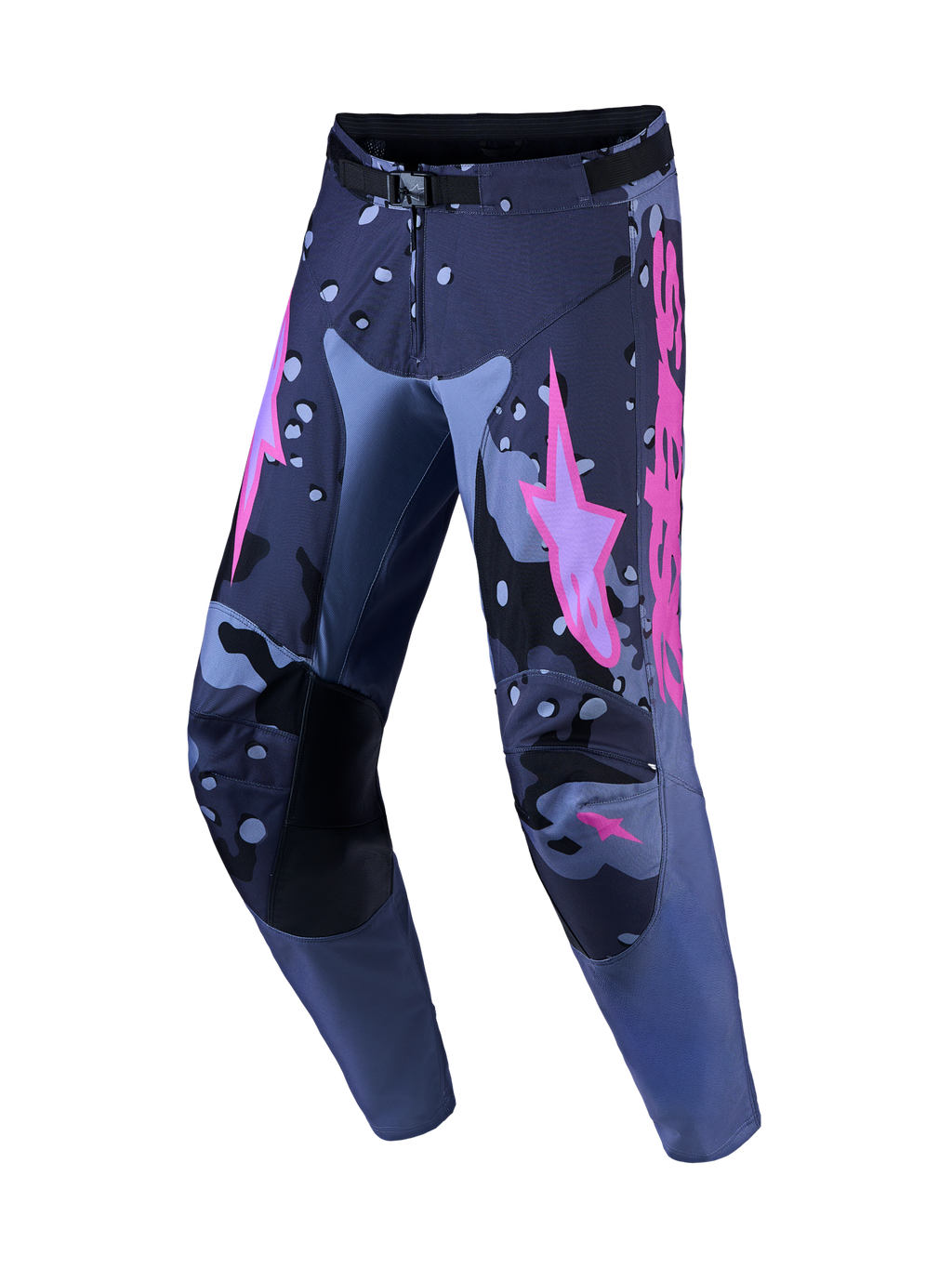 Alpinestars calças Racer Lone, calças de motocross para homem, cinzentas camufladas e roxas, com pernas pré-curvadas.