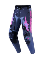Alpinestars calças Racer Lone, calças de motocross para homem, cinzentas camufladas e roxas, com pernas pré-curvadas.